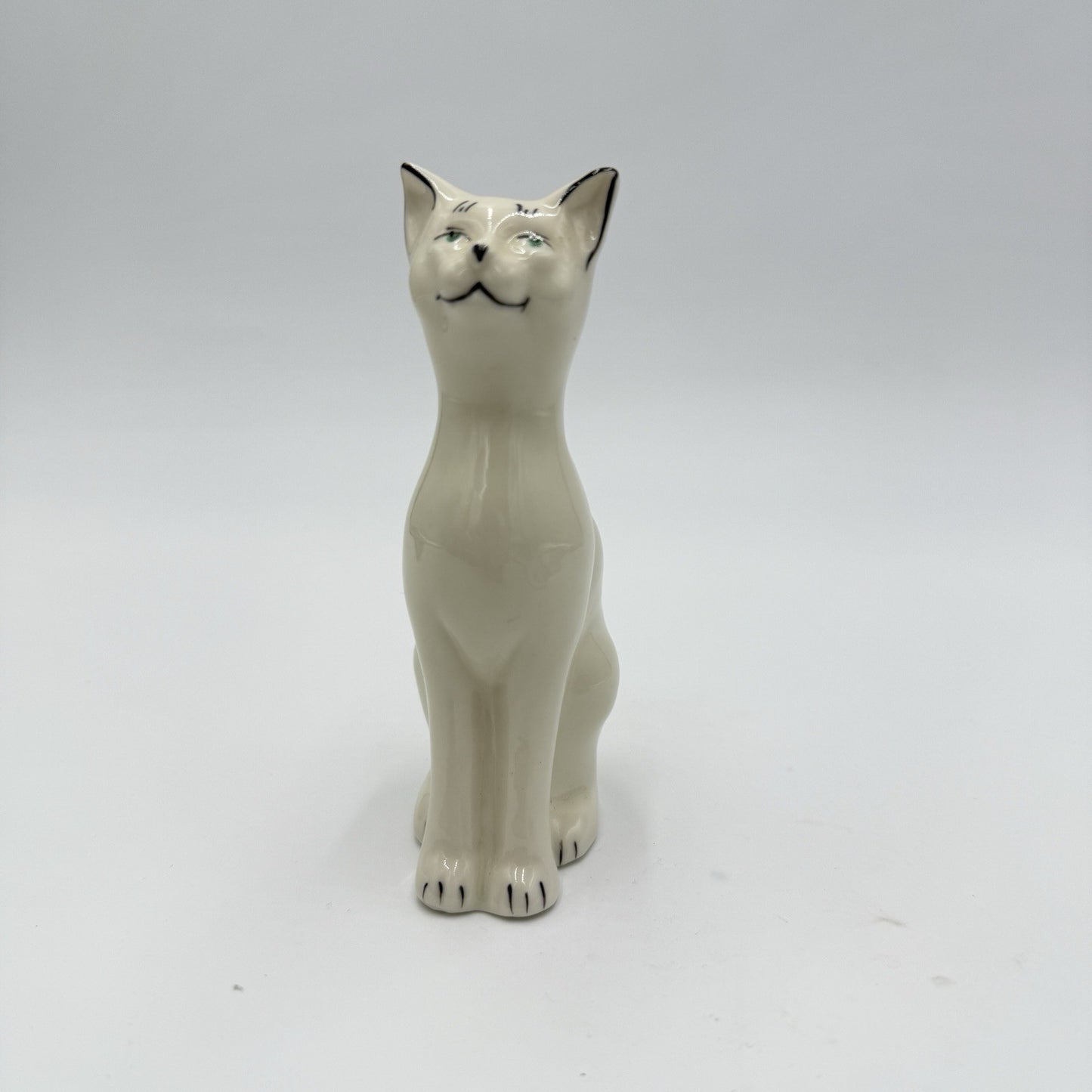 Vtg 5” Belleek Irish Porcelain Beige Cat Green Eyes Figurine Blue Marking 8th