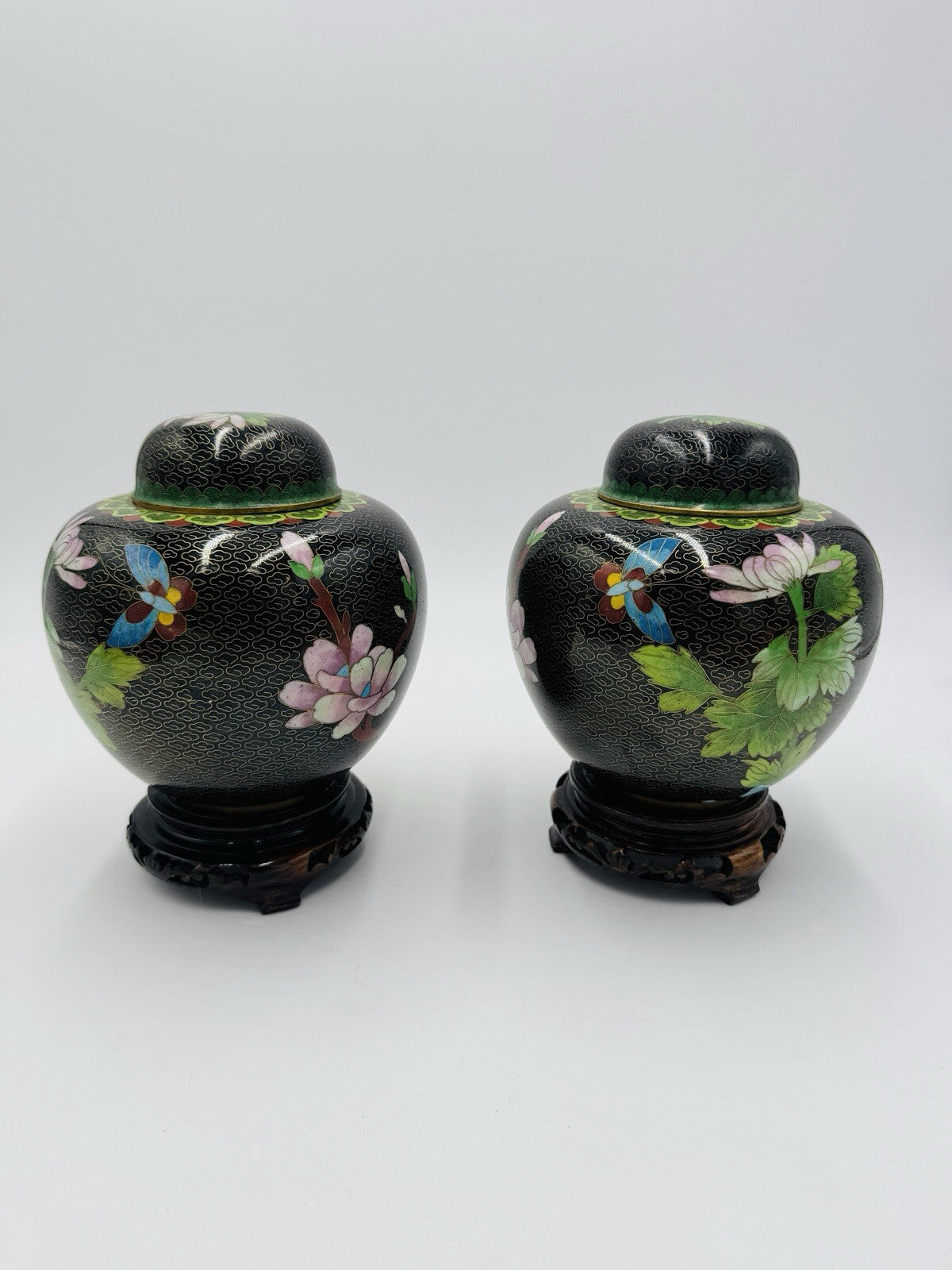 Vintage Cloisonne Brass Enameled Ginger Jar Floral Butterfly Inlay Design 7in