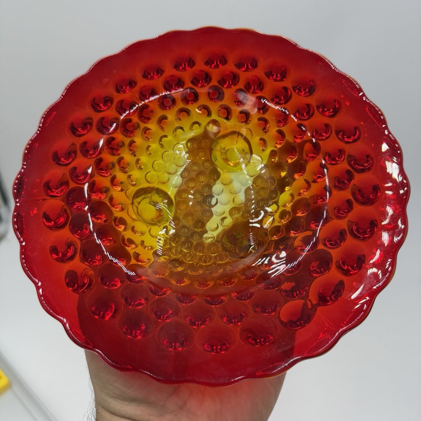 Vintage Fenton Art Glass AMBERINA Hobnail Footed Dish Bowl 7in Red Orange