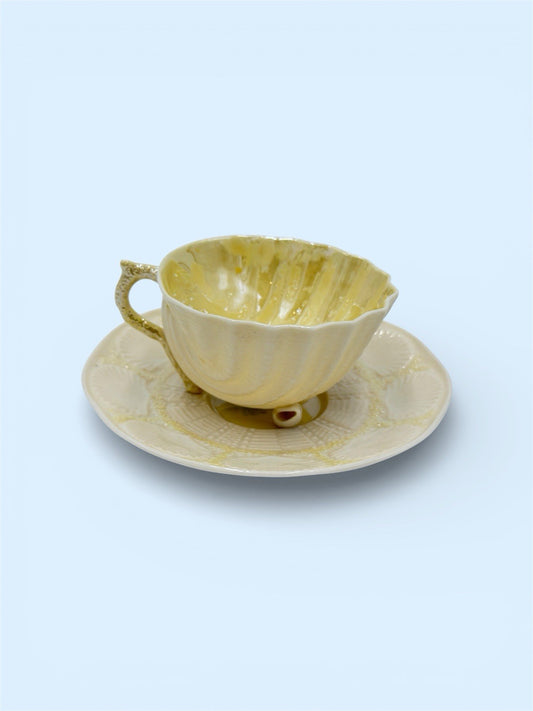 Belleek Neptune Yellow Seashell Footed Demitasse Tea Cup & Saucer Green Mark