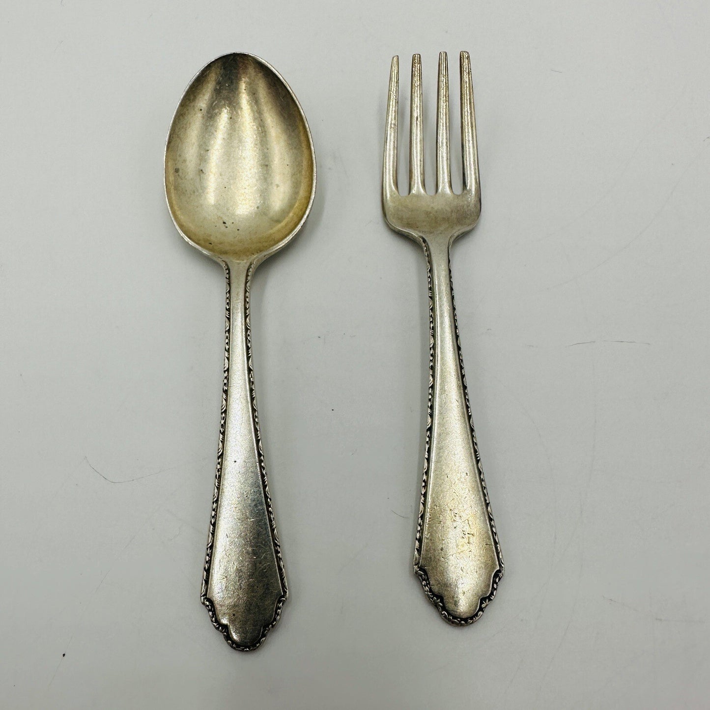 PATD 1921 Lunt William & Mary Baby Fork & Spoon Set Treasures Sterling 4” 2 Pcs