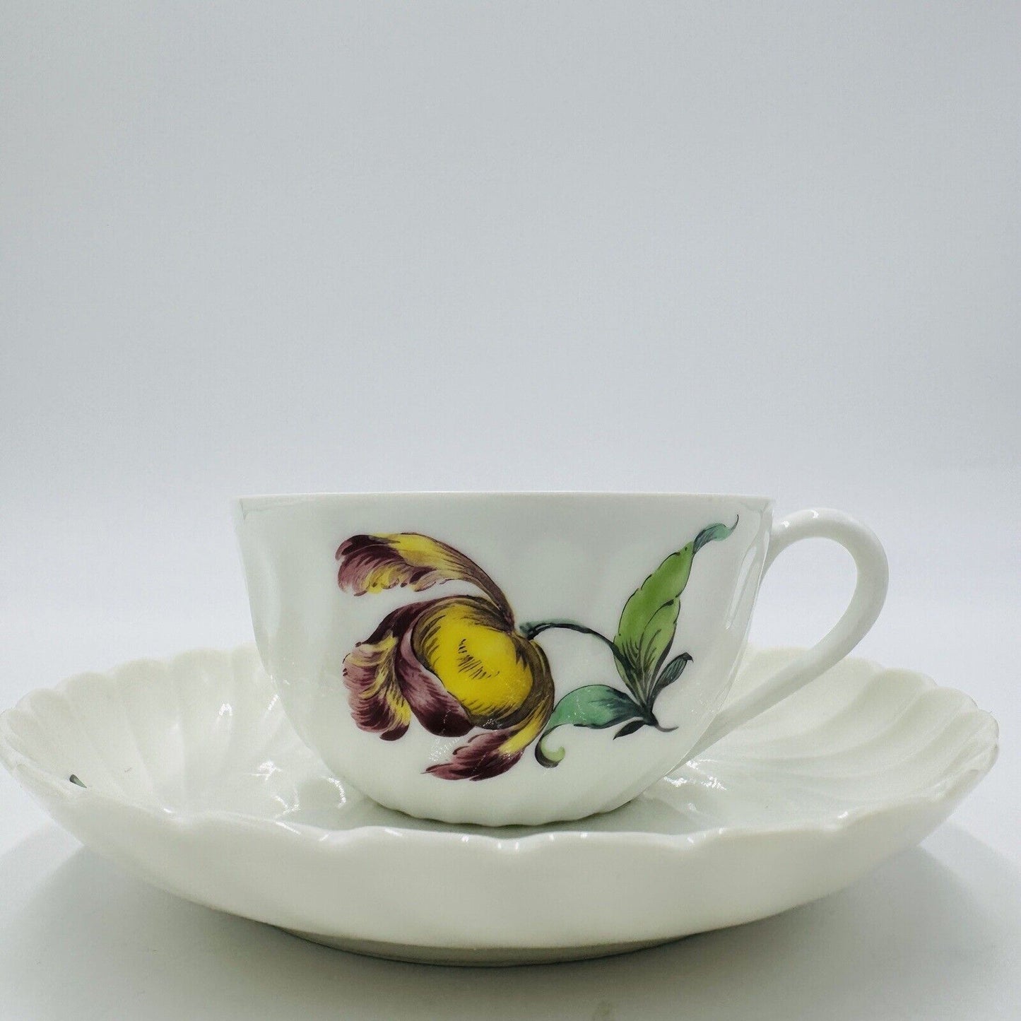 Nymphenburg Teacup & Saucer Porcelain Germany Welle Ribbed 1632 Floral Antique