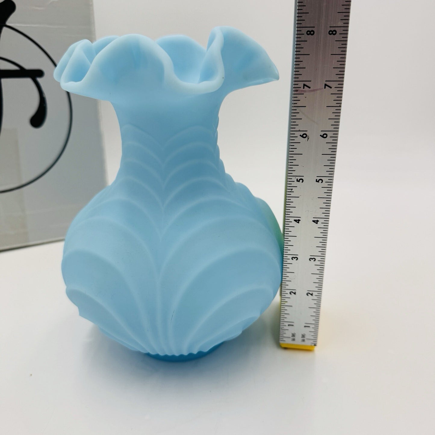 Fenton Draped Blue Satin Glass Vase Vintage Art Glass Ruffled Edge Drapery 8in