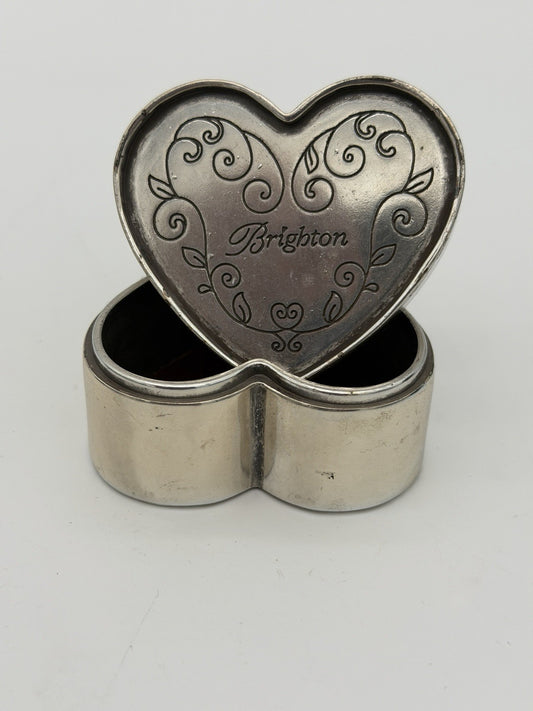 Vintage Brighton Silver Tone Trinket Box Heart Shape Leather Accents Jewelry Box