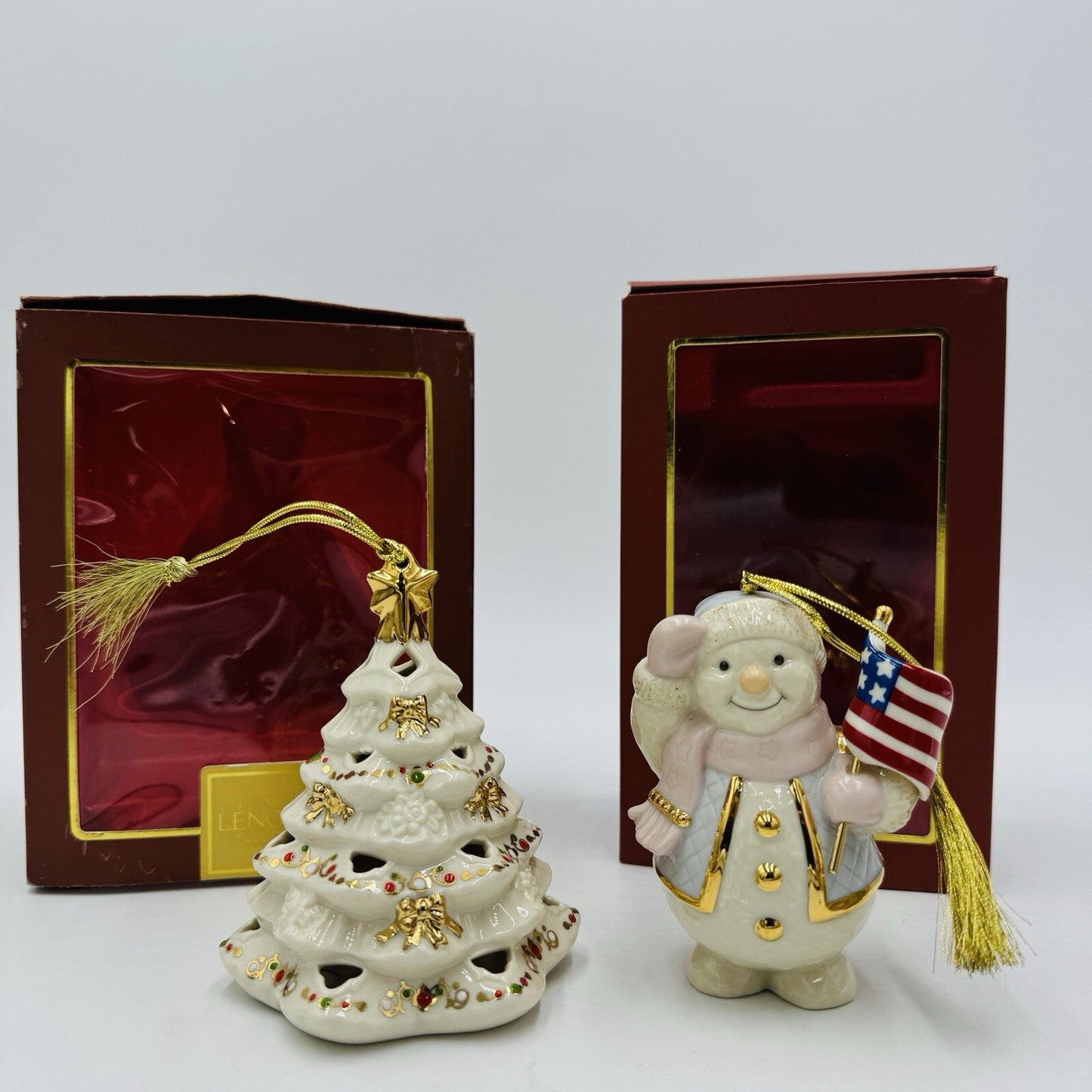 Lenox Porcelain Christmas Tree & USA Flag Snowman Ornaments