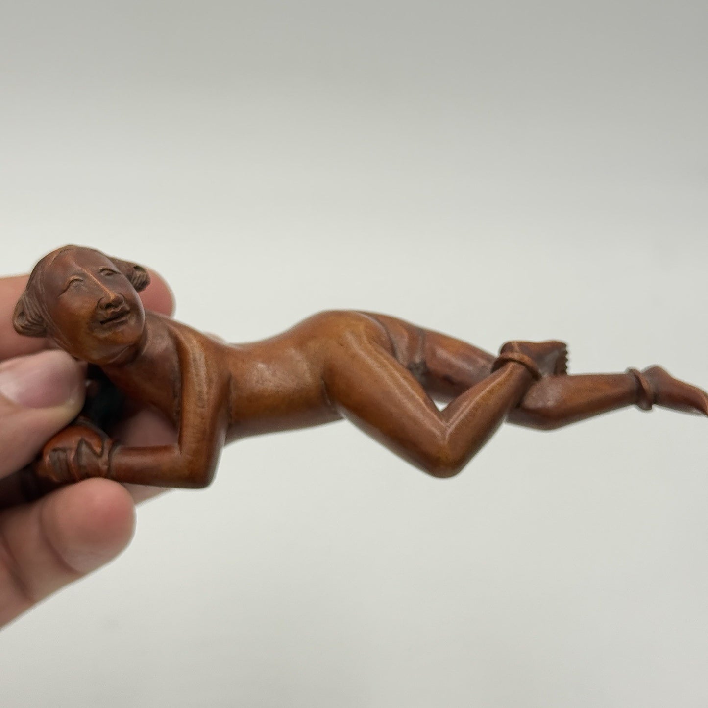 Antique Chinese Netsuke Wood Carved Women Posing Figurine Folk Art Hand Carved