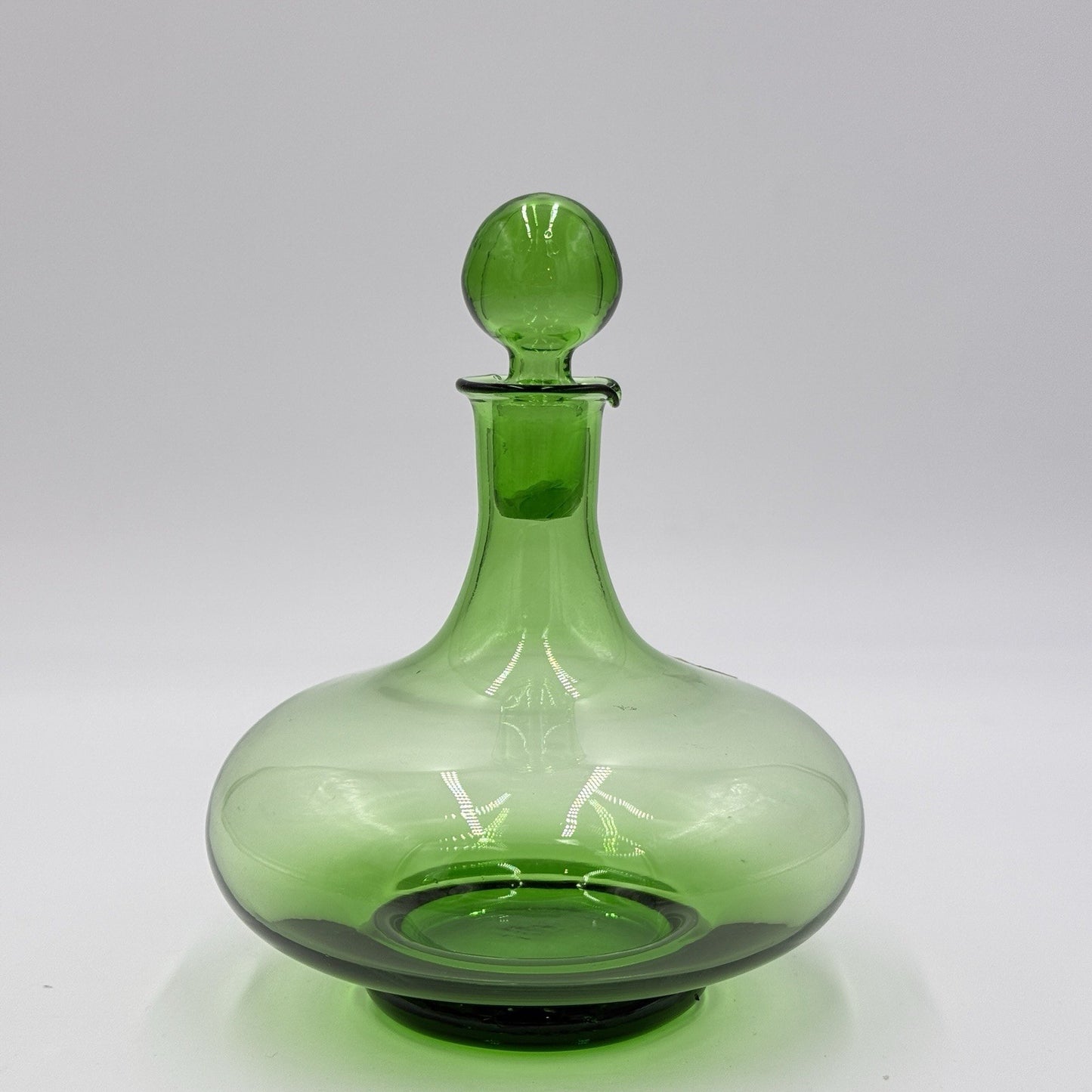 MCM Peedee Art Glass Green Decanter Italy 7” W/stopper Wayne Husted of Blenko
