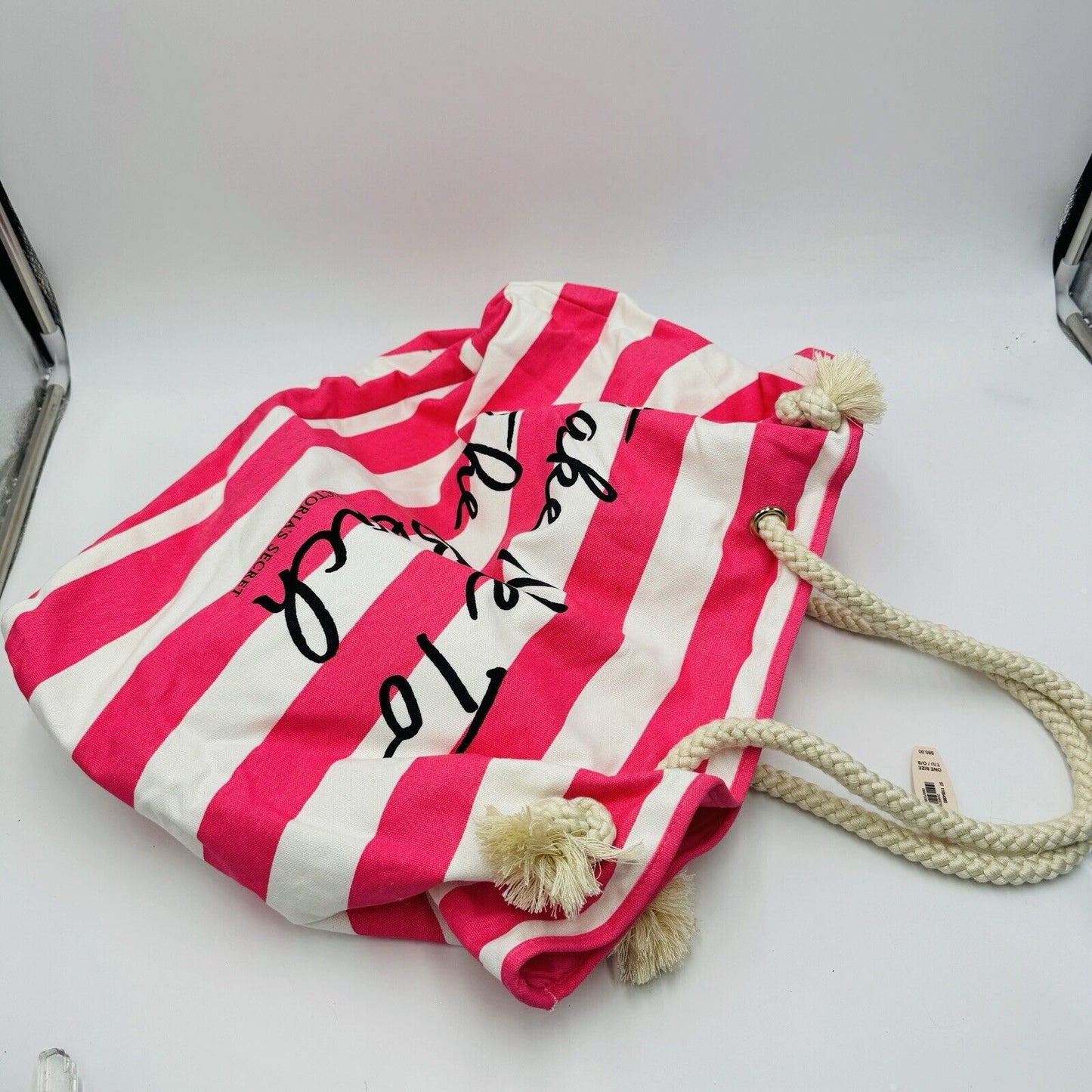Victoria Secret’s Take Me To The Beach Canvas Striped Tote Bag Pink White New