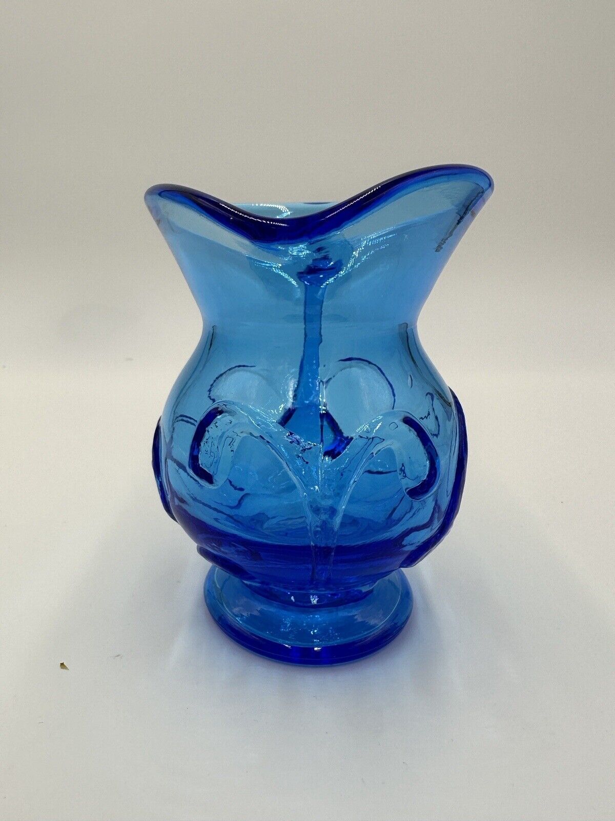 Electric Blue Pitcher Art Glass Hand Blown Floral Pressed Handled Decor Vintage