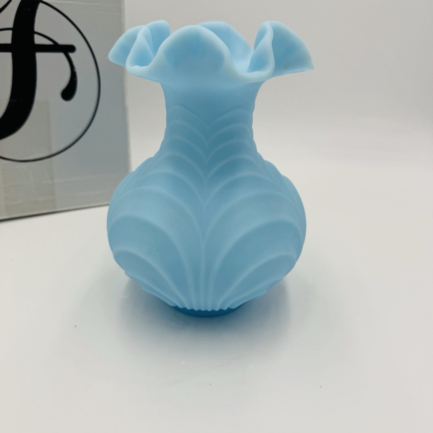 Fenton Draped Blue Satin Glass Vase Vintage Art Glass Ruffled Edge Drapery 8in