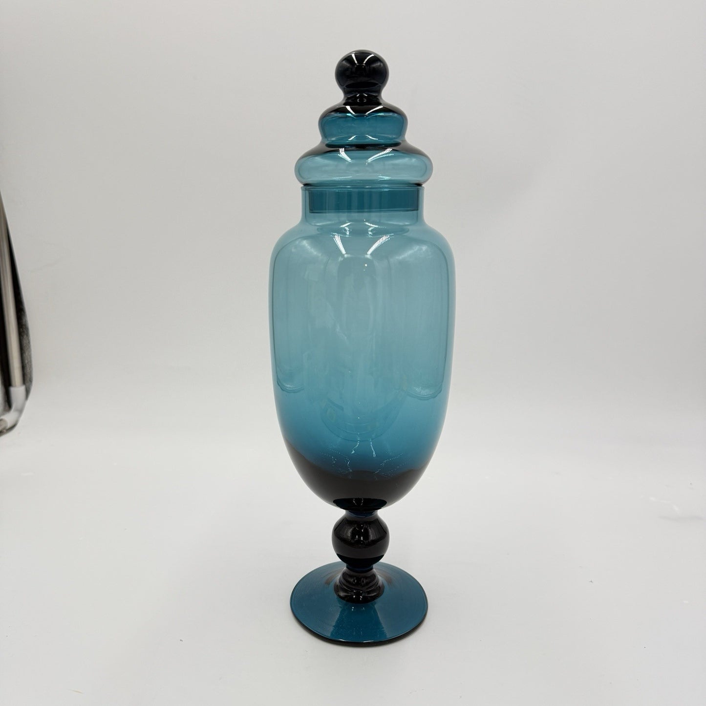 Rare Empoli Teal Italy MCM Blue Footed Apothecary Jar Lidded Vase 13” Art Glass