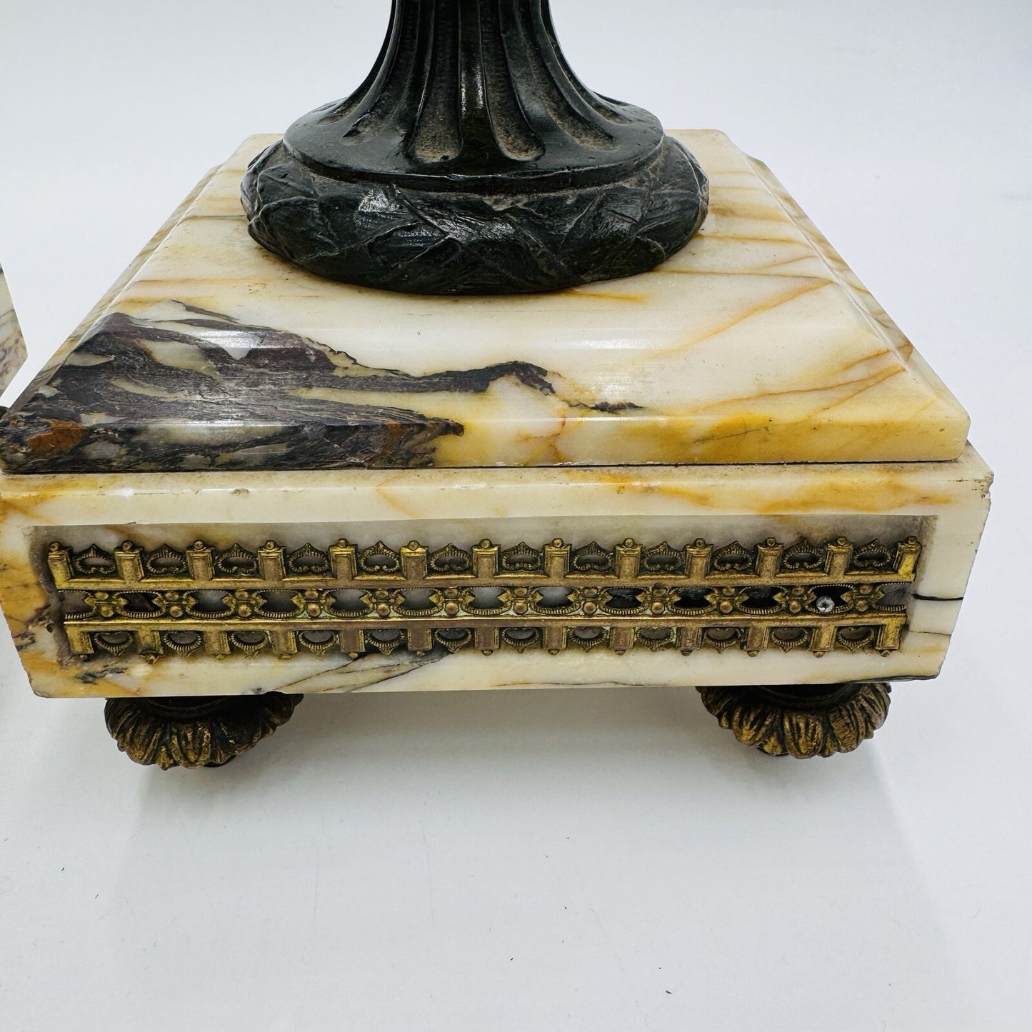 French metal vases rare 1800s Chateau ornate chimney cherubs marble base 13.5in