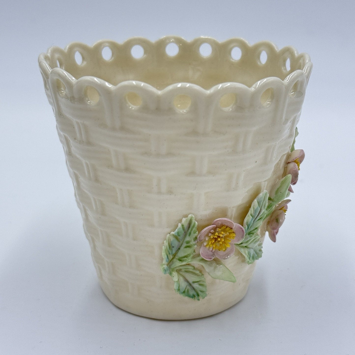 Belleek Ireland Porcelain Floral Basketweave Spill Vase 6th Mark Green 3.5in