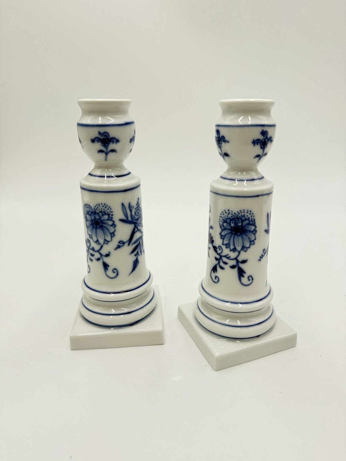Antique Meissen Porcelain Blue Onion Candle Holder 6” Pair Germany Hand Painted