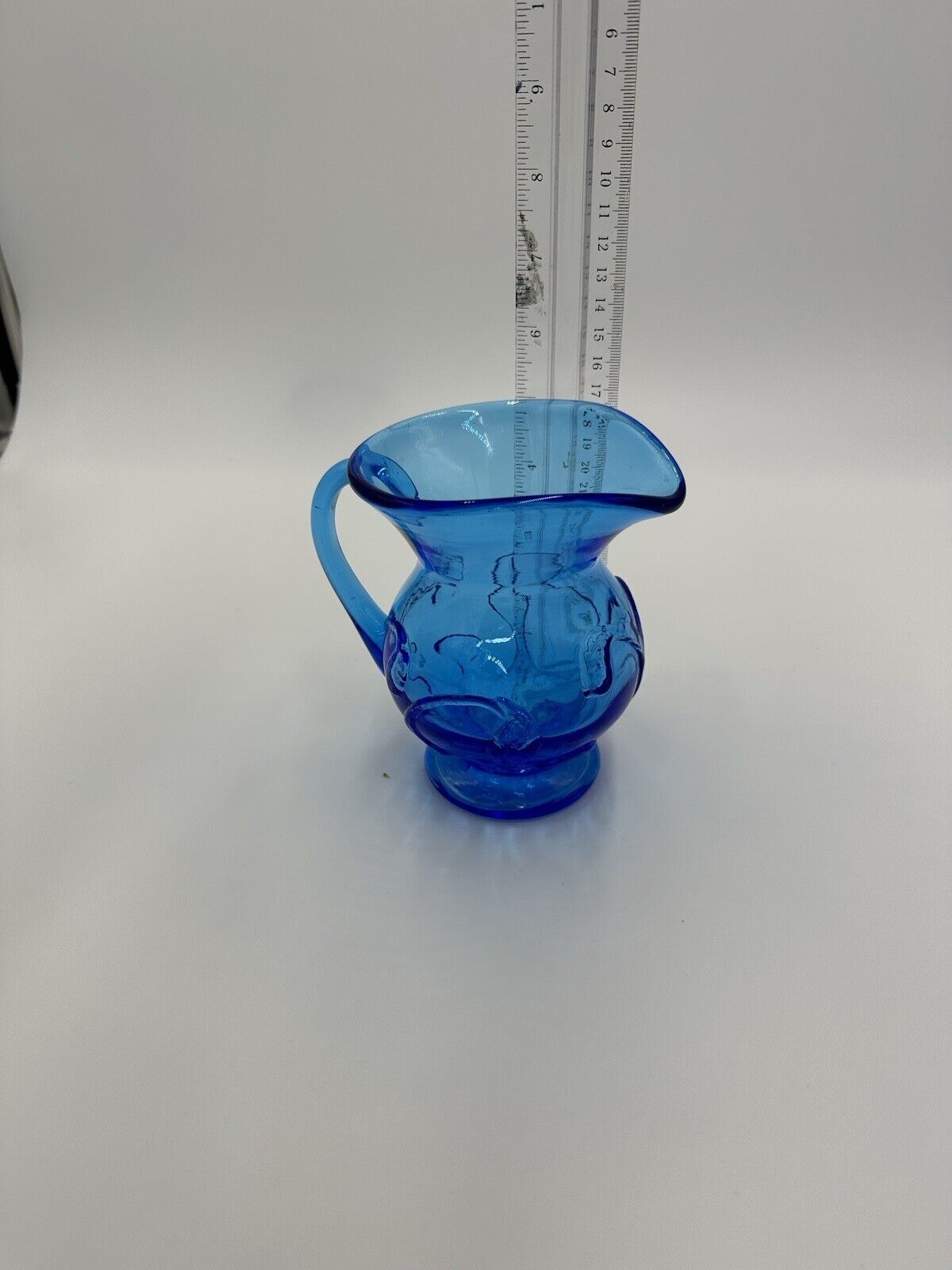 Electric Blue Pitcher Art Glass Hand Blown Floral Pressed Handled Decor Vintage
