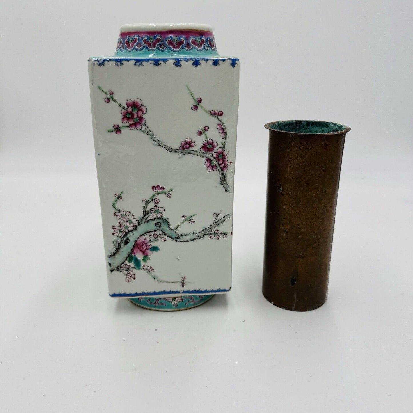 RARE antique REPUBLIC Chinese Famille Floral porcelain CONG vase CHINA MARK