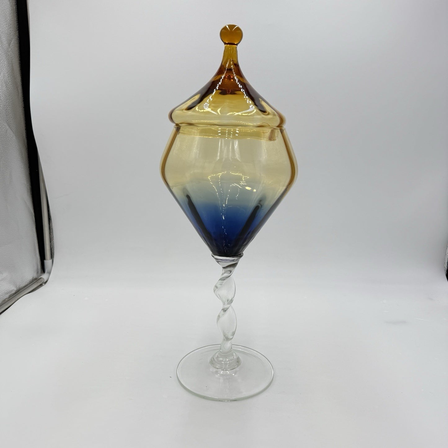 MCM Italian Empoli art Glass Apothecary Jar multicolor amber blue compote 16”