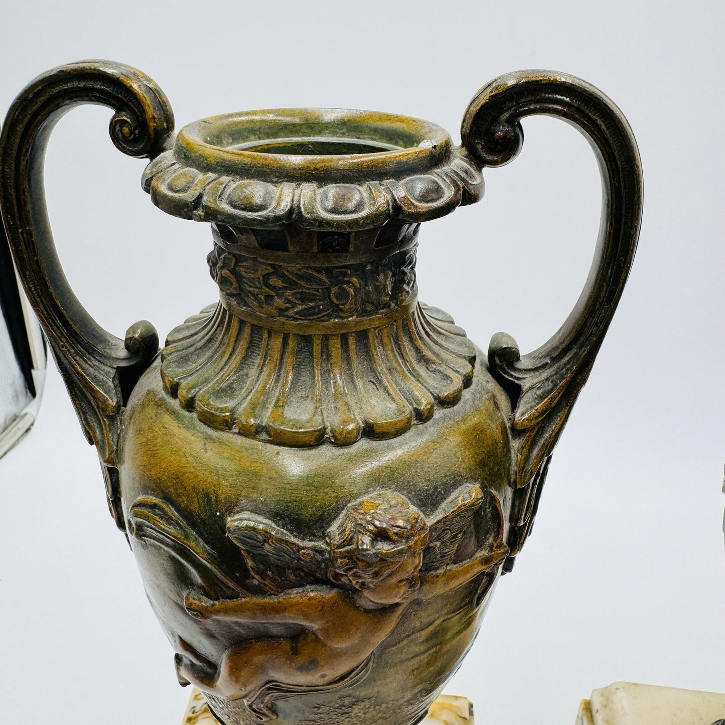 French metal vases rare 1800s Chateau ornate chimney cherubs marble base 13.5in