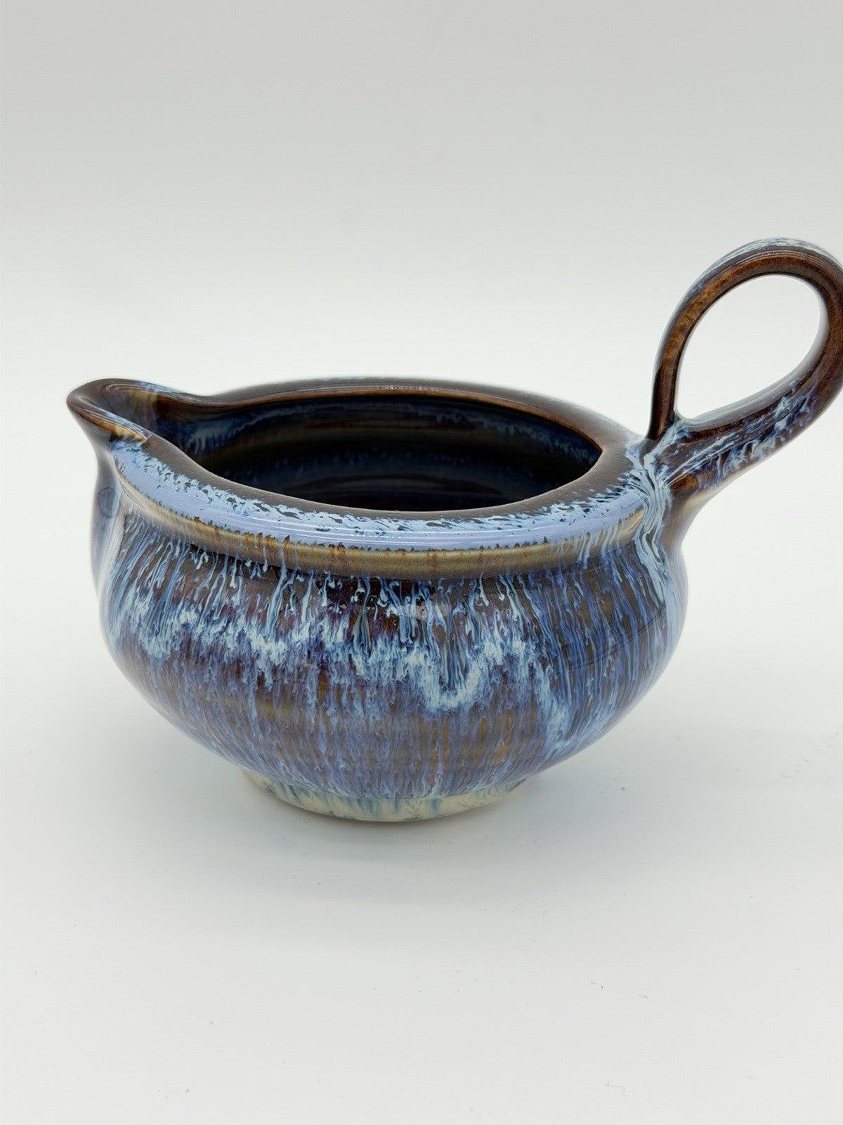 Bill Campbell Studio Art Pottery Gravy Sauce Boat Brown Blue Drip Glaze 4.5”x6”
