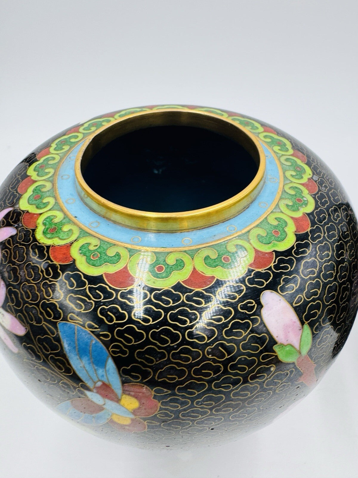 Vintage Cloisonne Brass Enameled Ginger Jar Floral Butterfly Inlay Design 7in