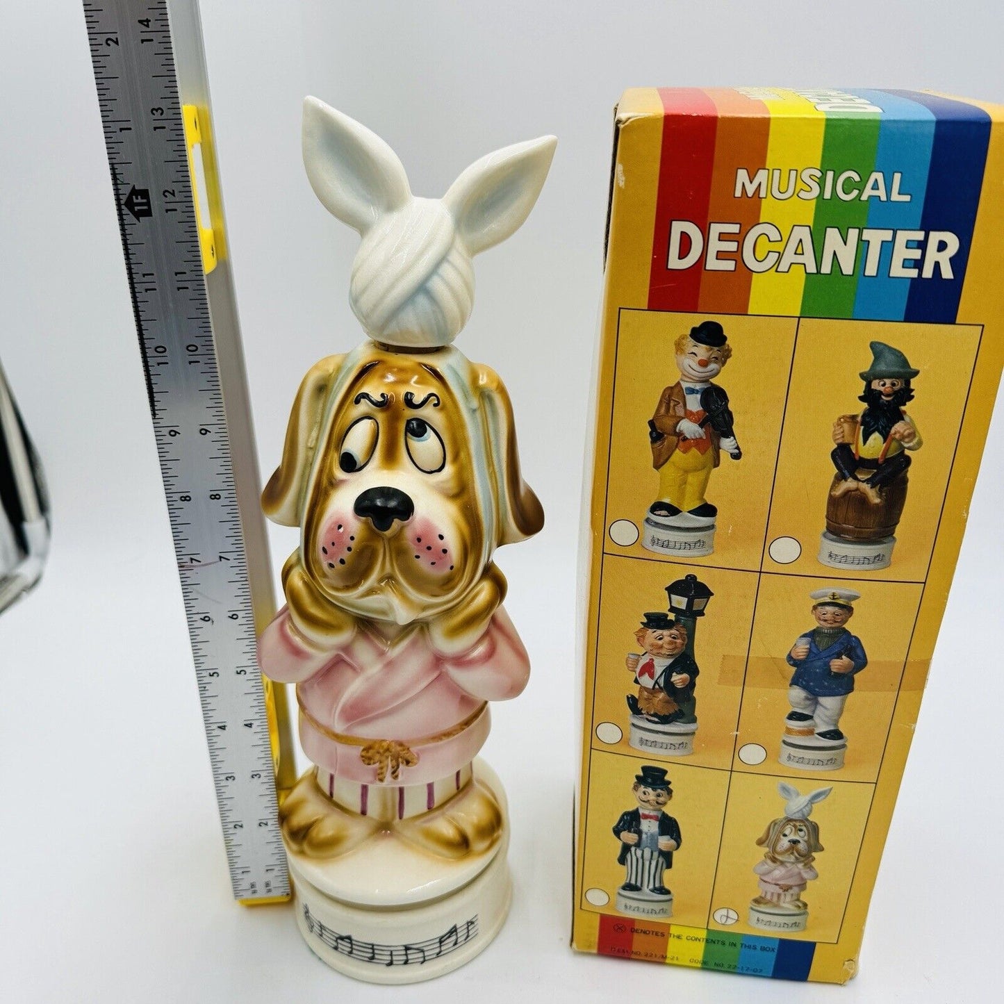 VINTAGE Musical Decanter Sad Hound Dog WORKS Ice Bag Cork Topper NIB 13"