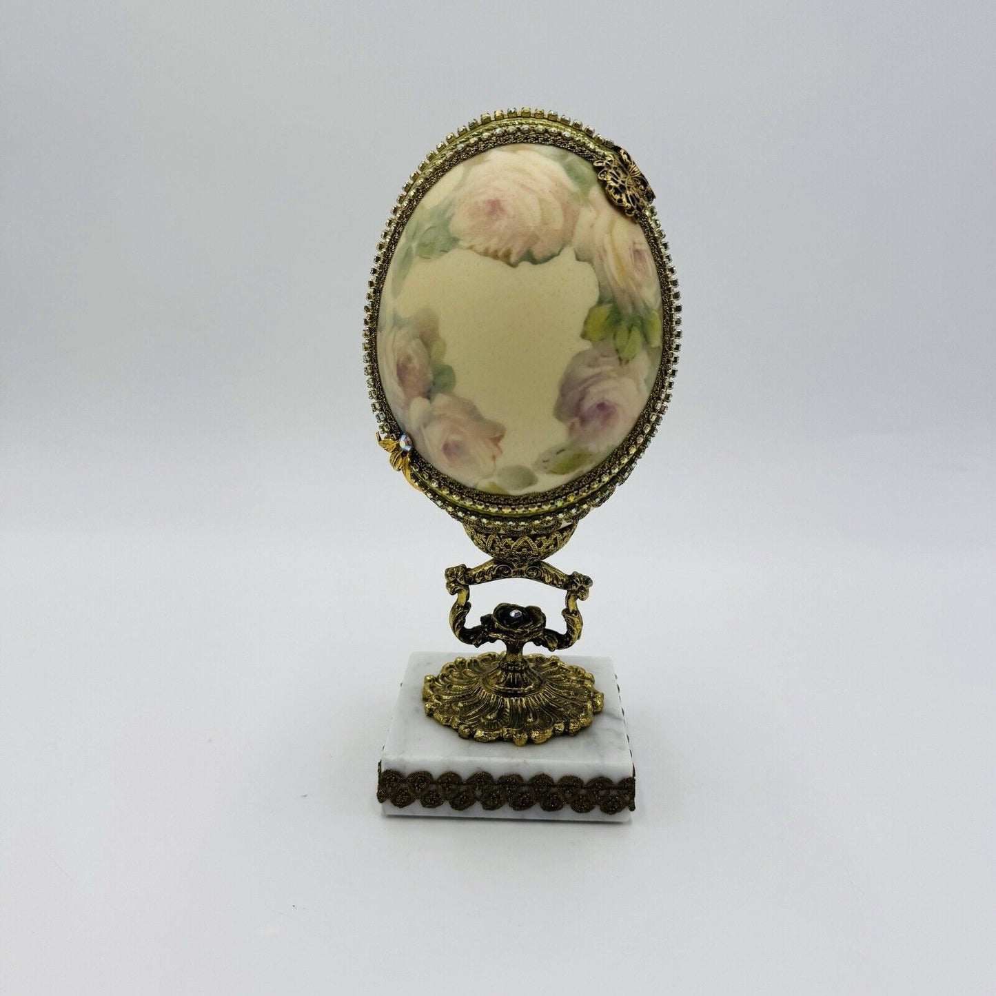 Vintage Ostrich Egg Ornate Hand Decorated Brass & Marble Base Green Velvet Lined