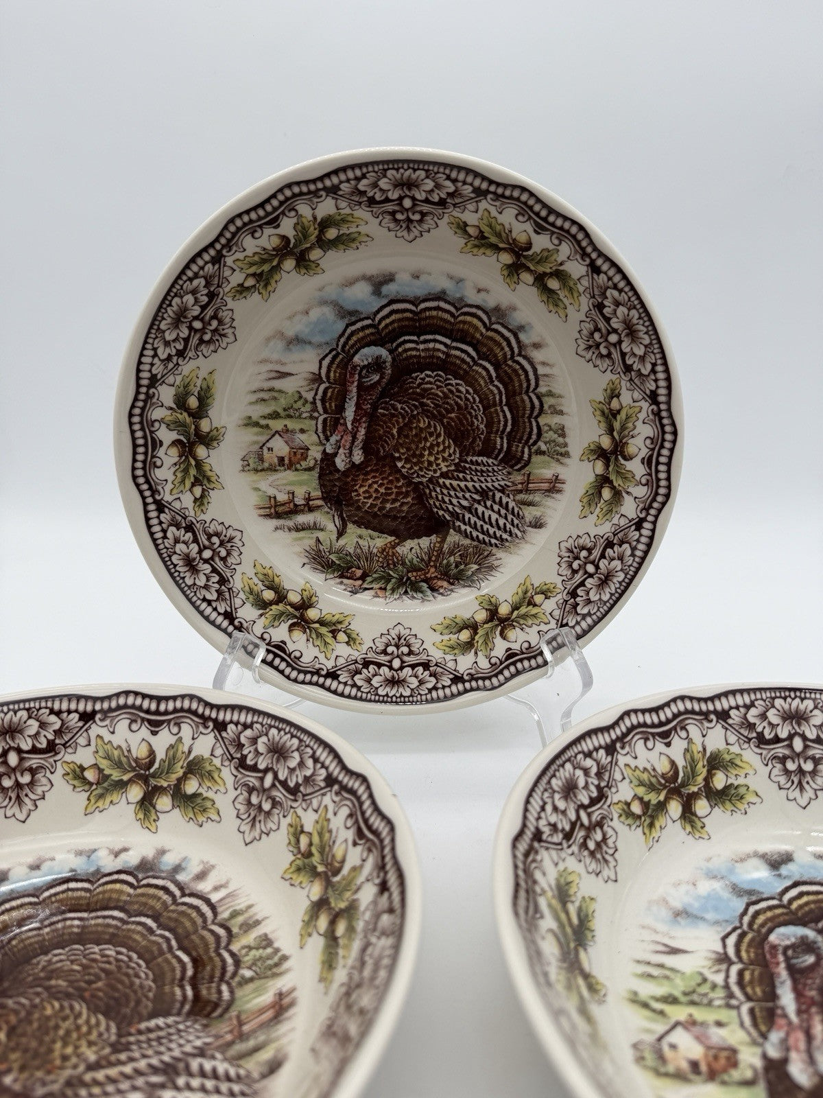 Victorian English Pottery Turkey Bowls Dinnerware Fall Thanksgiving 7”set 3 PCs