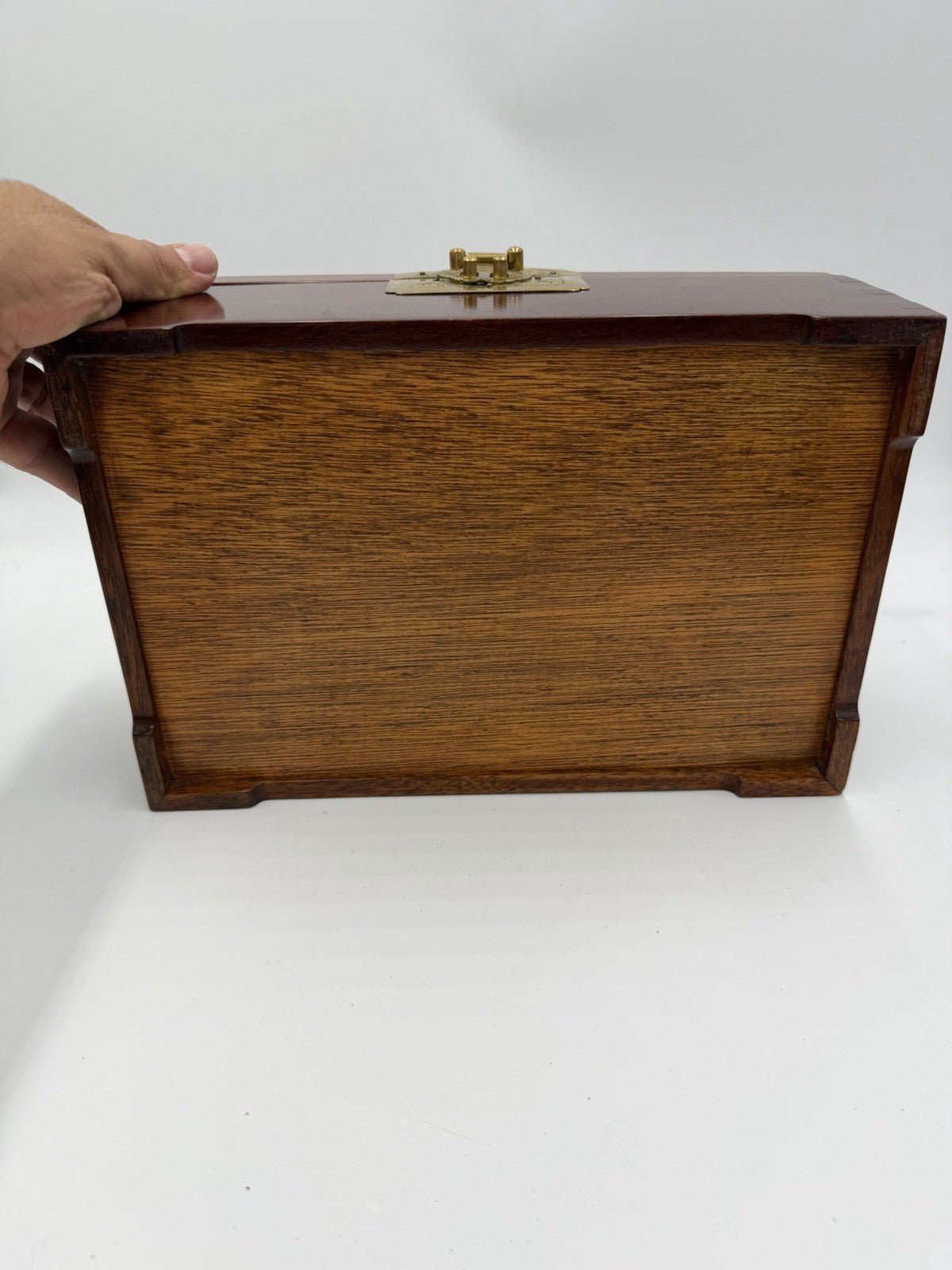 Vintage Chinese Jewelry Carved Rosewood Brass Accents Red Lining Jewelry Box