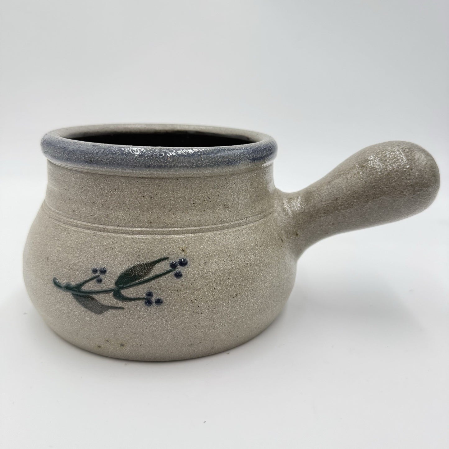 Rowe Pottery Works Salt Glazed Soup Crock Bowl Salt Glaze Blue Floral Design 9”