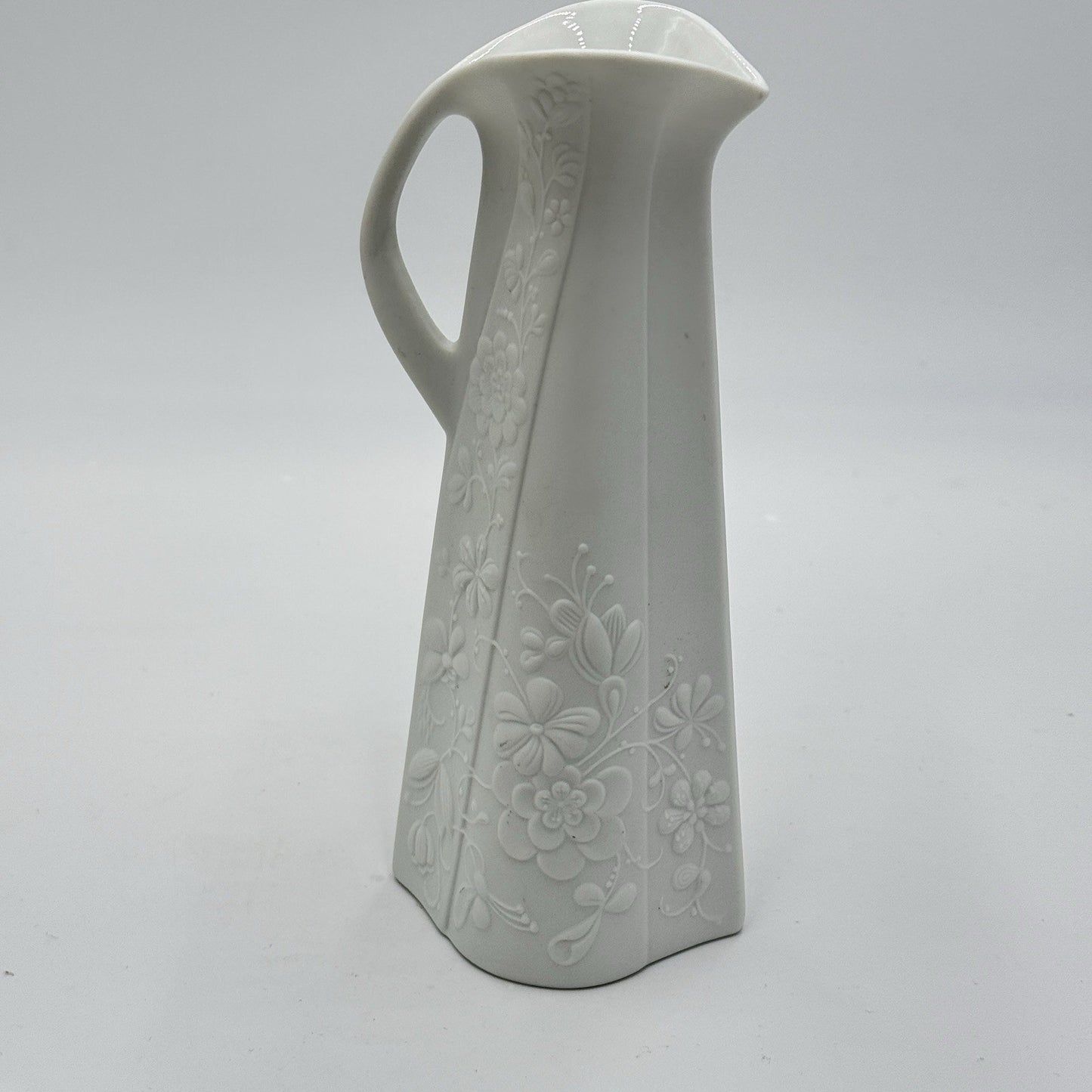 Kaiser Germany White Bisque Vase Embossed Floral Pitcher 8" By M.Fray Porcelain