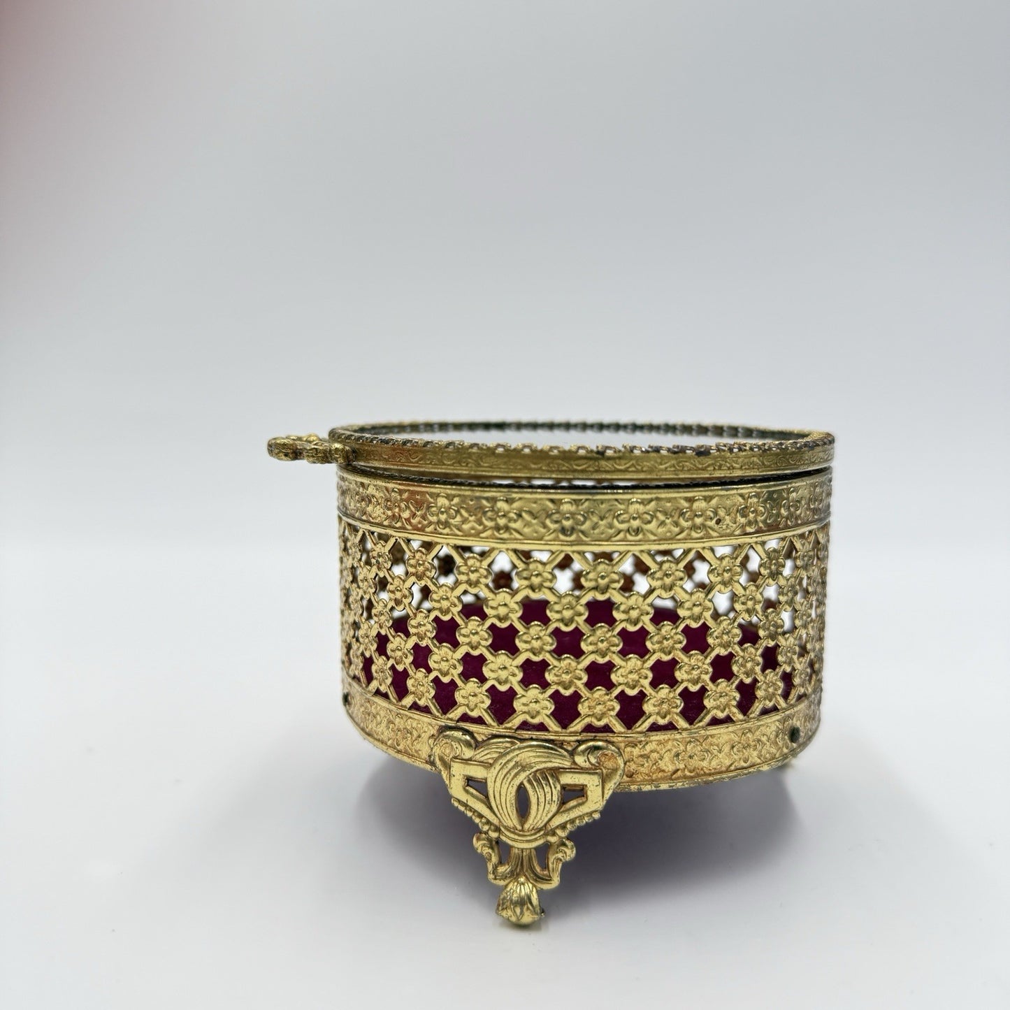 Vtg Ormolu Style Hollywood Regency Footed Circular Jewelry Box Red Velvet Ornate