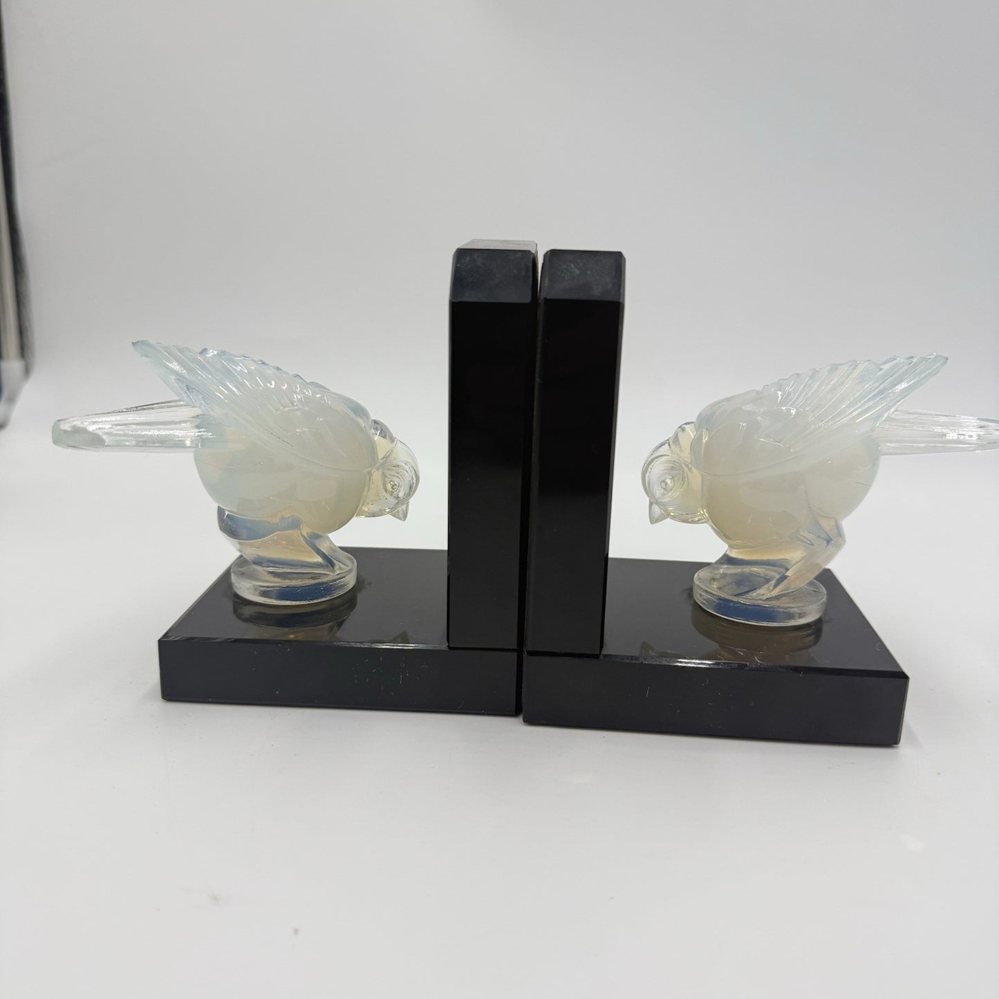 Sabino France Opalescent Art Glass Moineau Gourmand Sparrow Bookends Marble Base