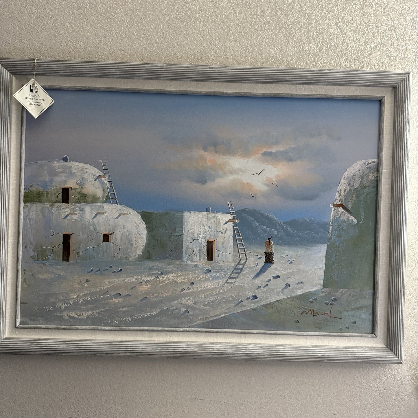 K. Mescal Oil Painting On Canvas Southwest Native American Town Sunset 29”x 41”