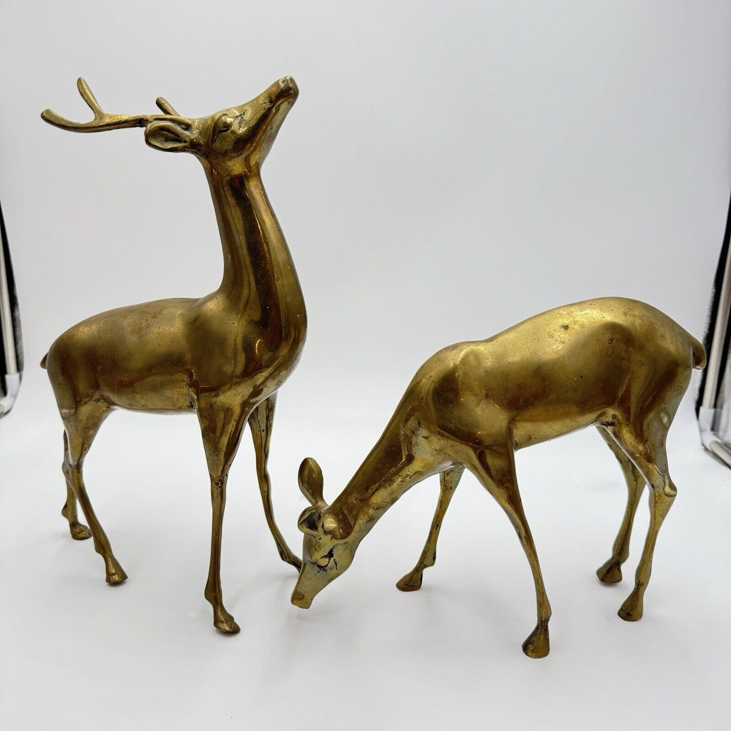 VINTAGE BRASS DEER Pair LARGE 13” Buck 9” DOE Mid Century Solid Retro Sculptures