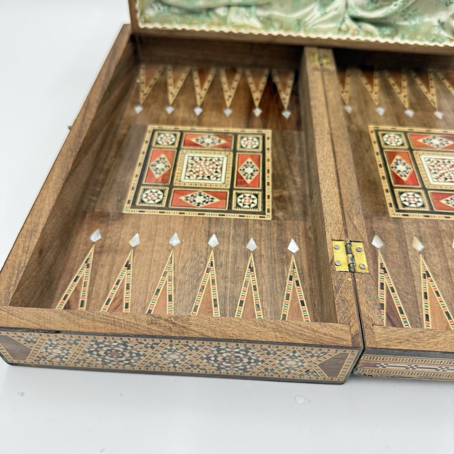 1950 Middle East Marquetry Mosaic Wood Inlaid Pearl Box Backgammon Inside