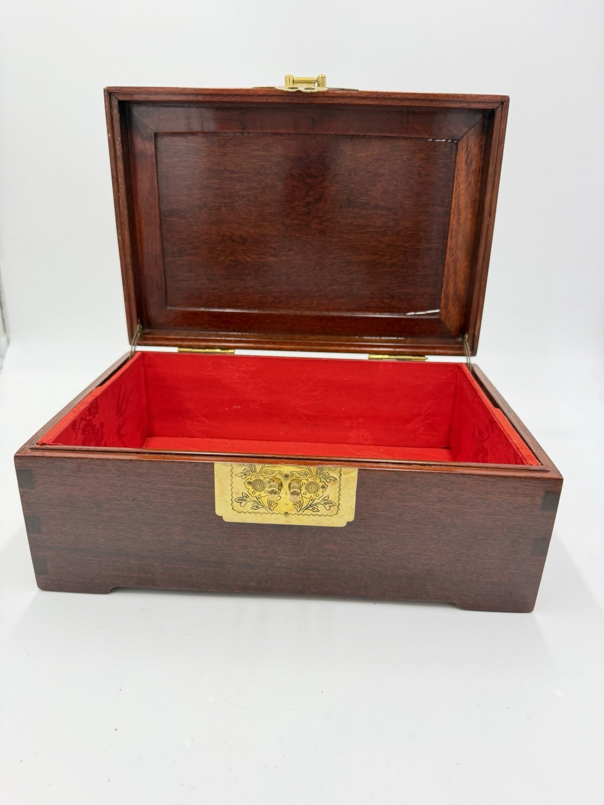 Vintage Chinese Jewelry Carved Rosewood Brass Accents Red Lining Jewelry Box
