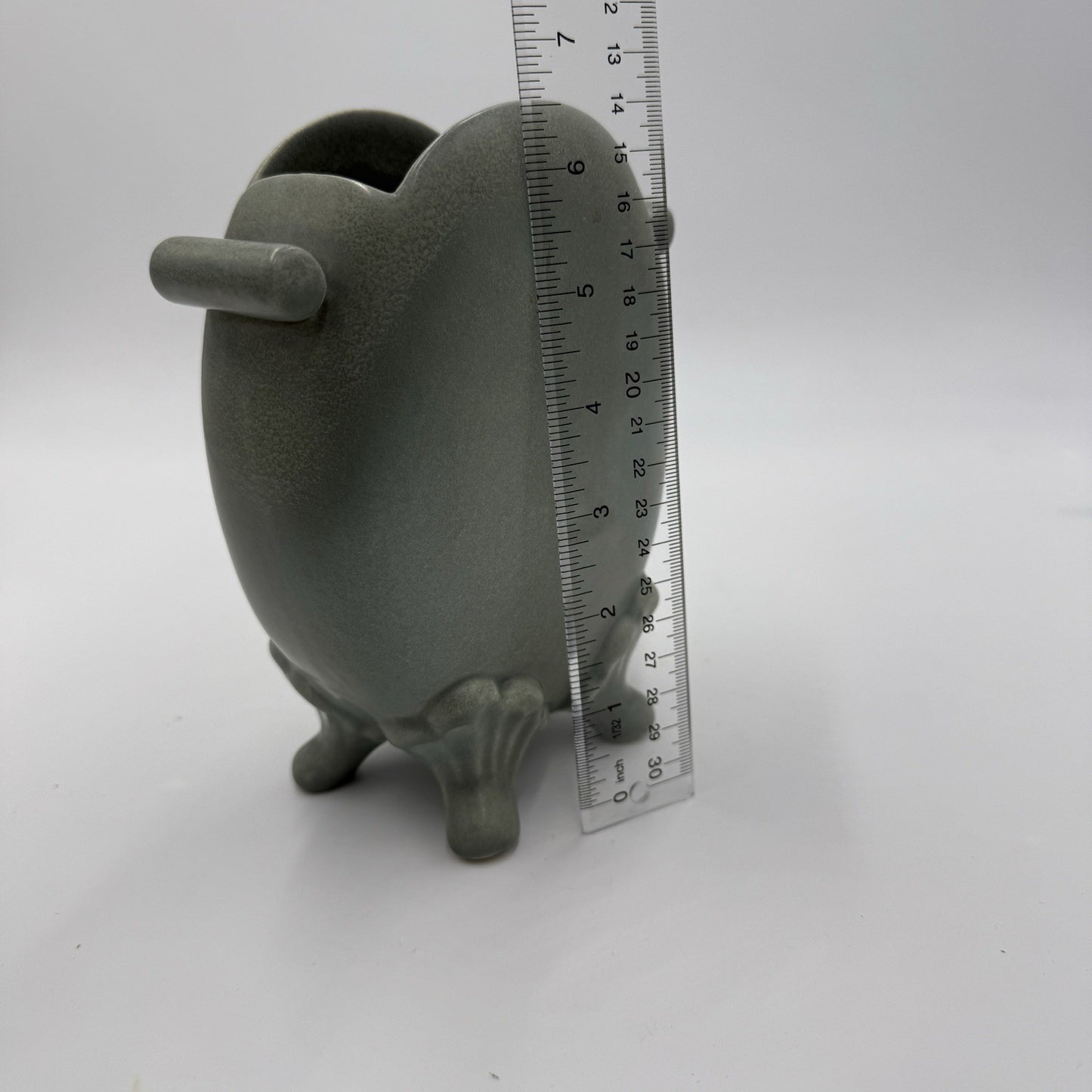 Celadon Art Pottery Green Footed Vase Double Handle Chinese 6.5”h X 2”w X 5.5”