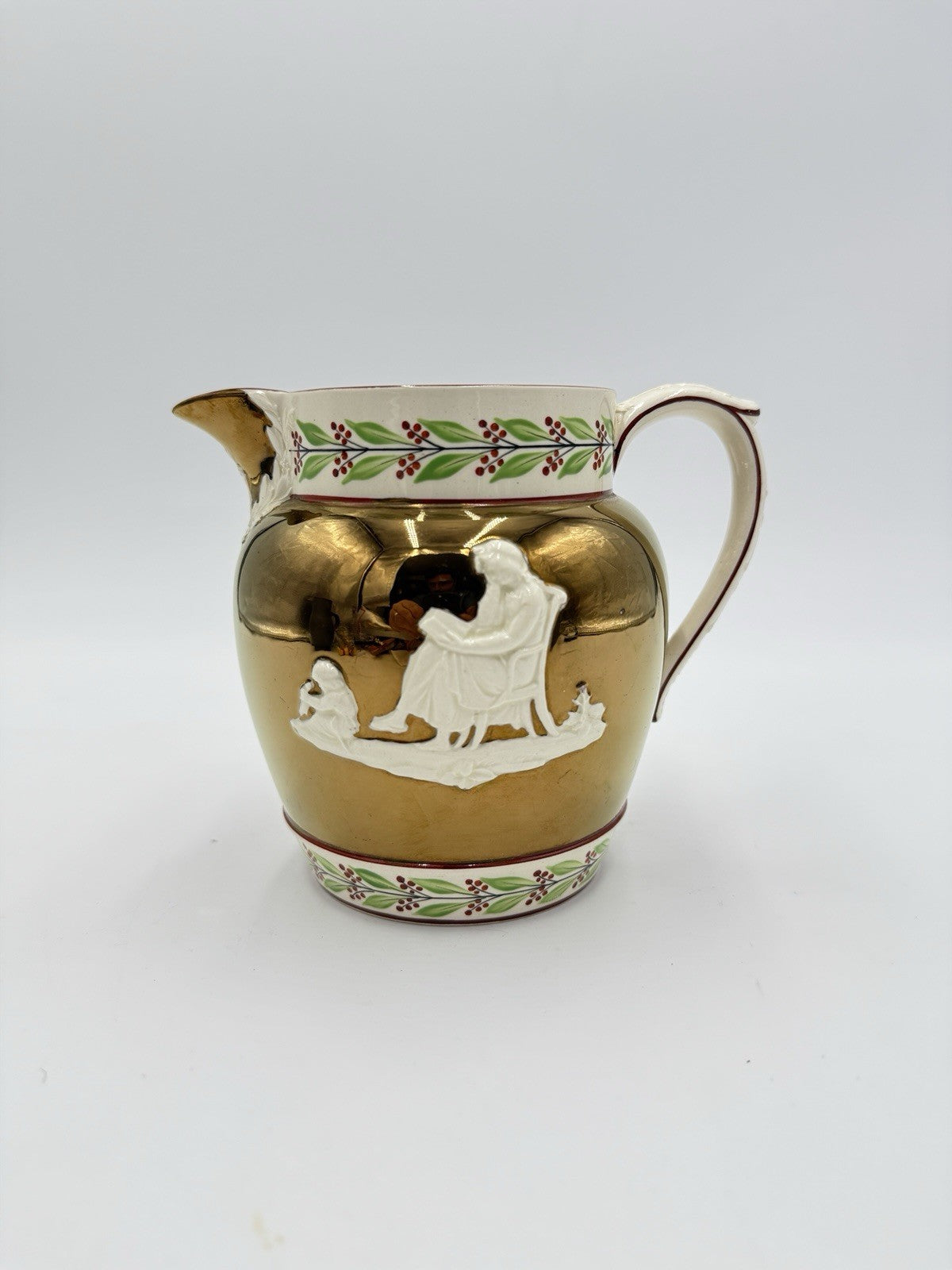Antique Wedgwood England Queens ware Embossed Copper Luster Jug Mother & Child