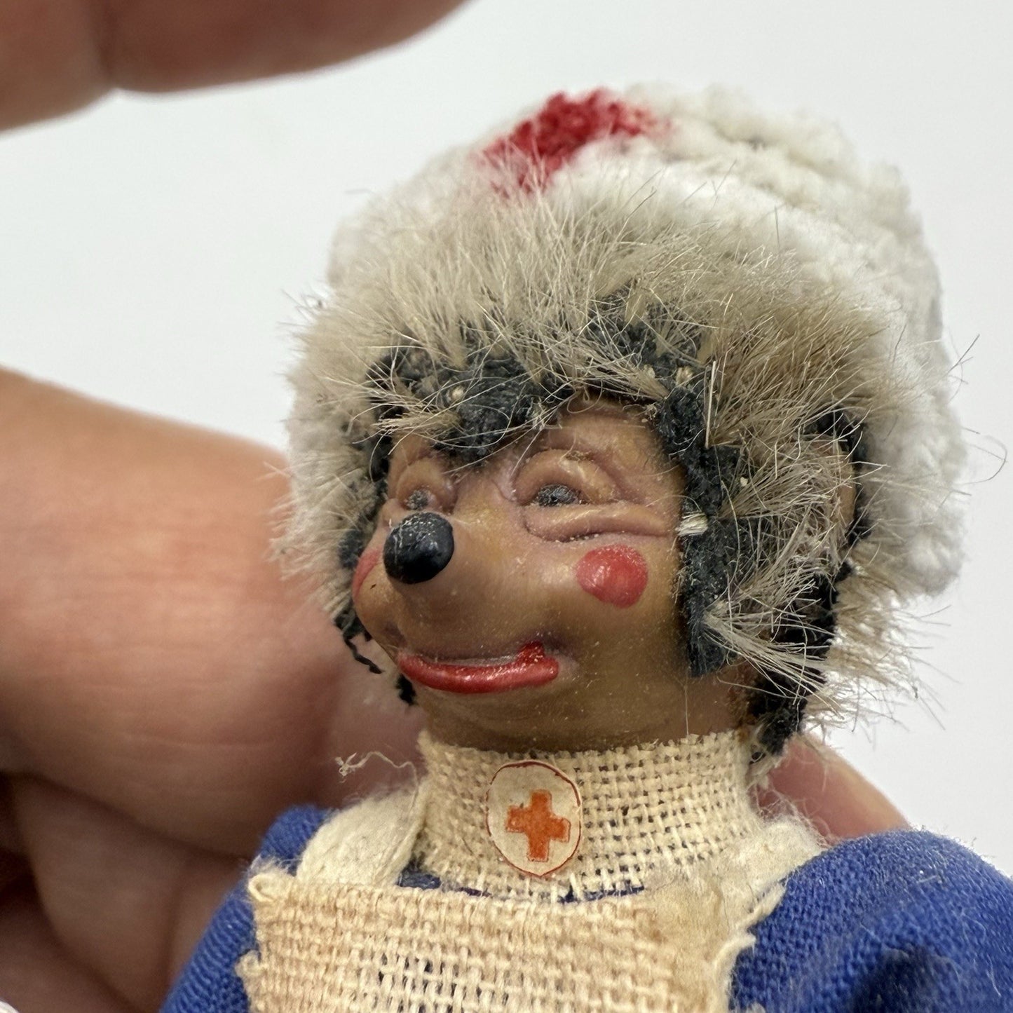 Vintage Peter Mecki 3.5" Steiff Hedgehog Doll Nurse With Medicine Tray & Hat