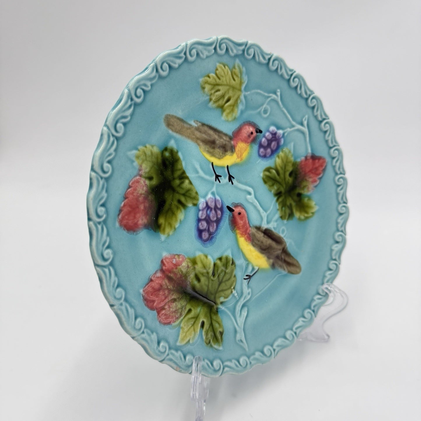 Antique 1920s Zell Germany Birds and Berries 6.5” Majolica, Turquoise Plate #230