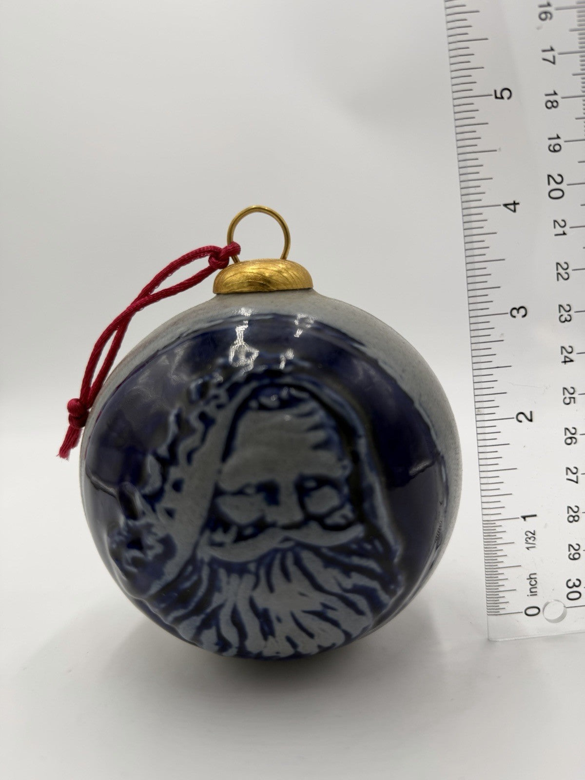 Rowe Pottery Works Ornament 1997 Salt Glaze Father Christmas Santa Ball Blue Vtg