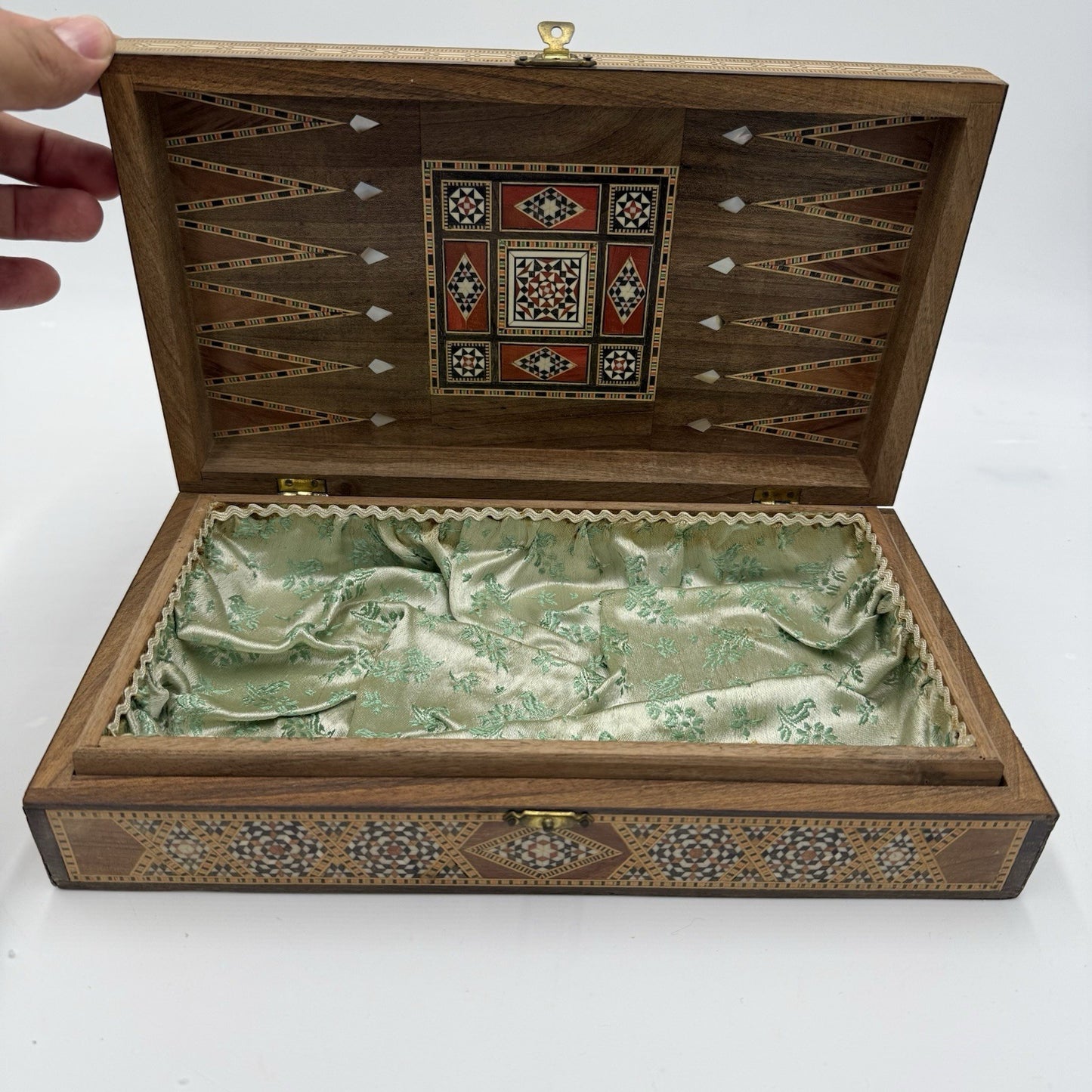 1950 Middle East Marquetry Mosaic Wood Inlaid Pearl Box Backgammon Inside