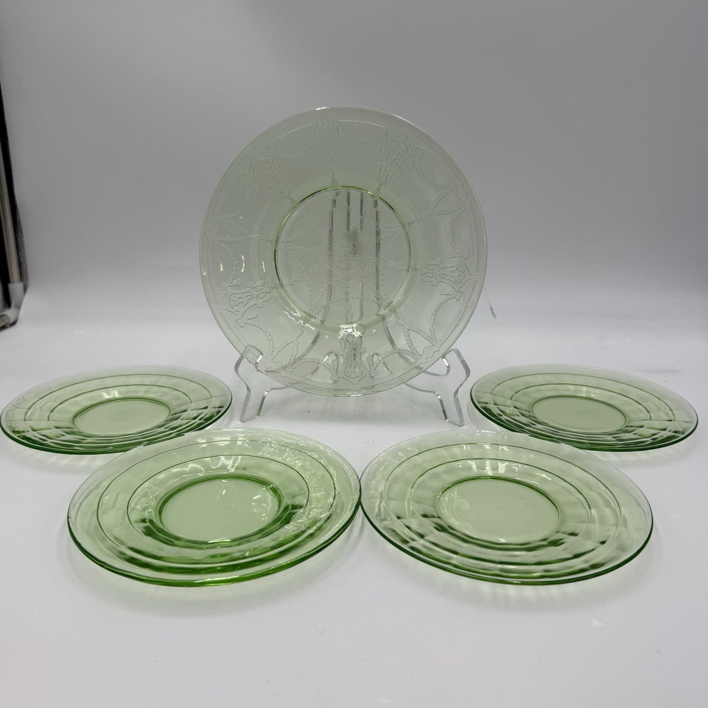 Hocking 1930’s Block Optic 6” Green Depression Glass Plates Dessert Uranium 5 PC