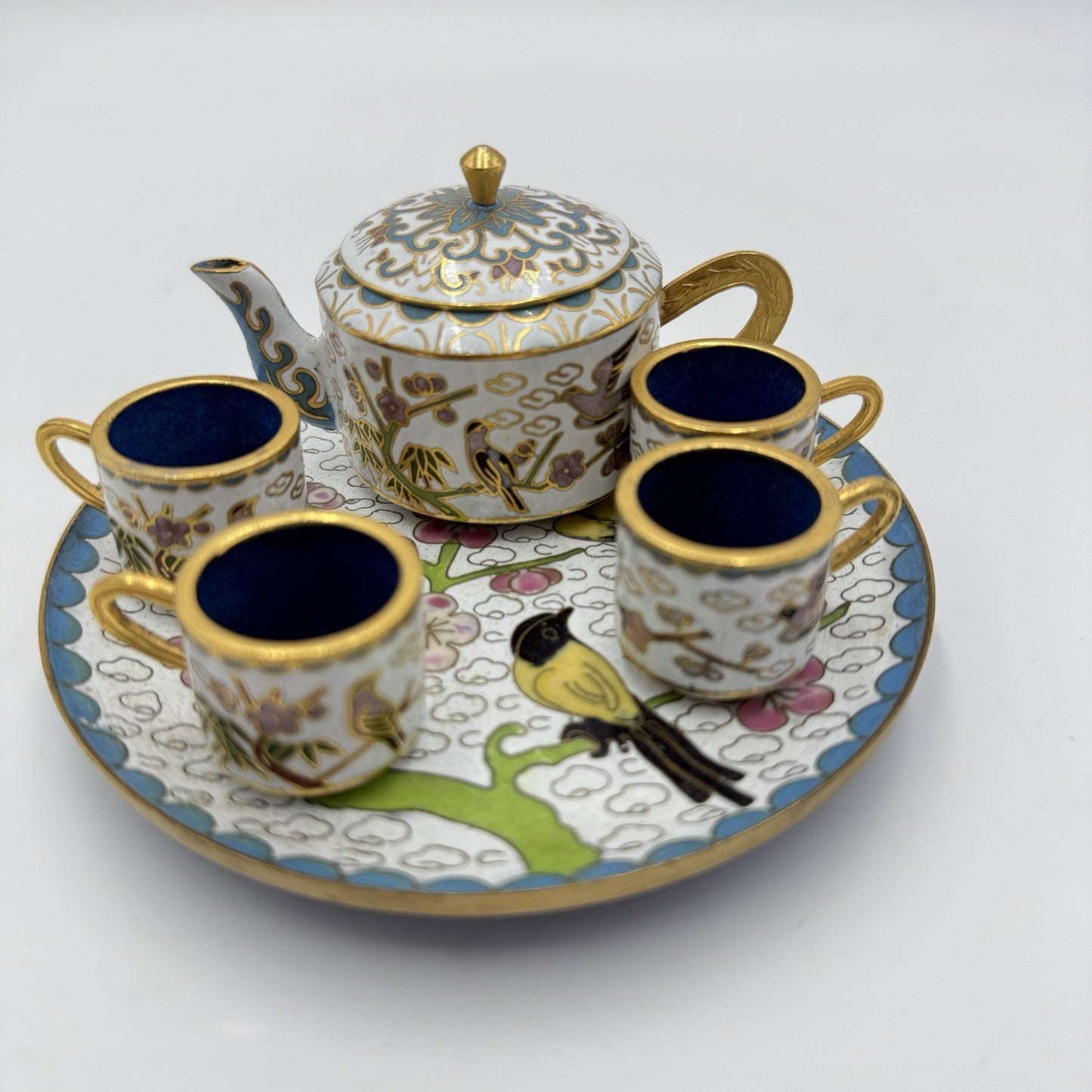 Vtg Cloisonné Enamel Chinese Bird Pattern Miniature Tea Set Dollhouse 6 PCs