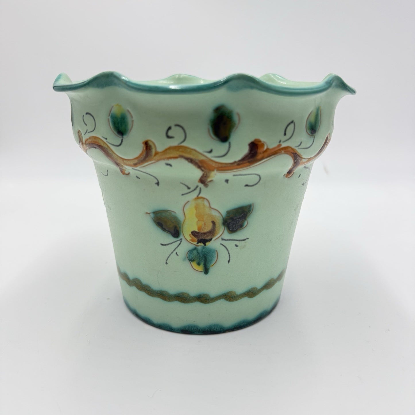 Vintage 1983 KBNY Art Pottery Italy Hand Painted # 1554/150 Green Planter 5”x6”