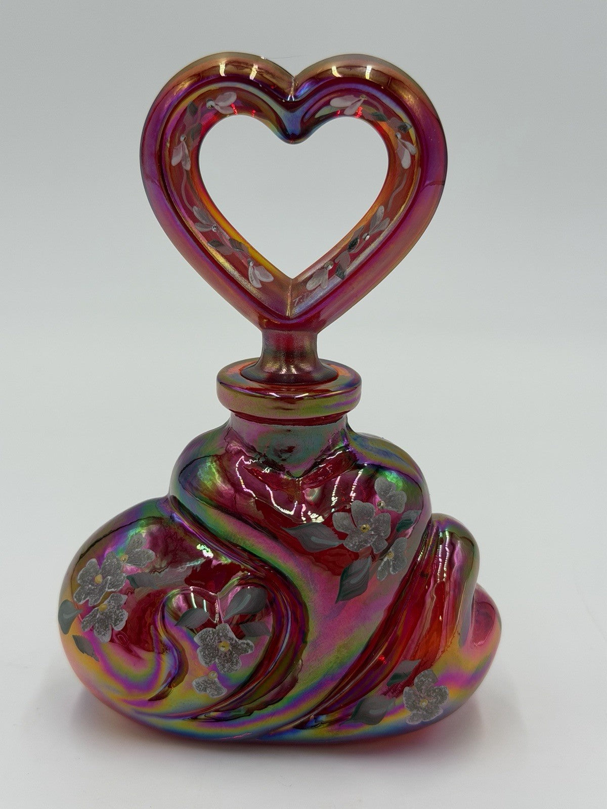 Fenton QVC Ruby Red Carnival Glass Perfume Bottle Heart Topper HP Flowers Signed