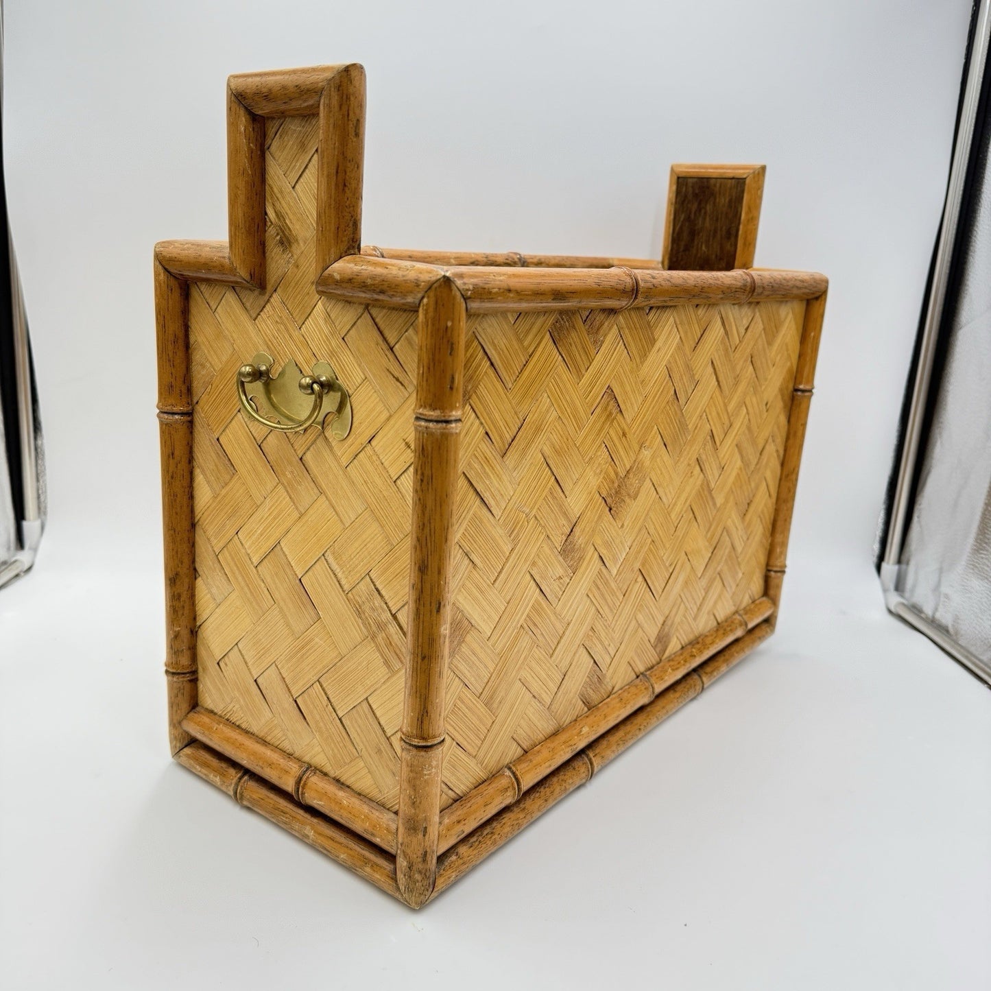MCM Bamboo & Brass accents Wicker weave rattan magazine rack