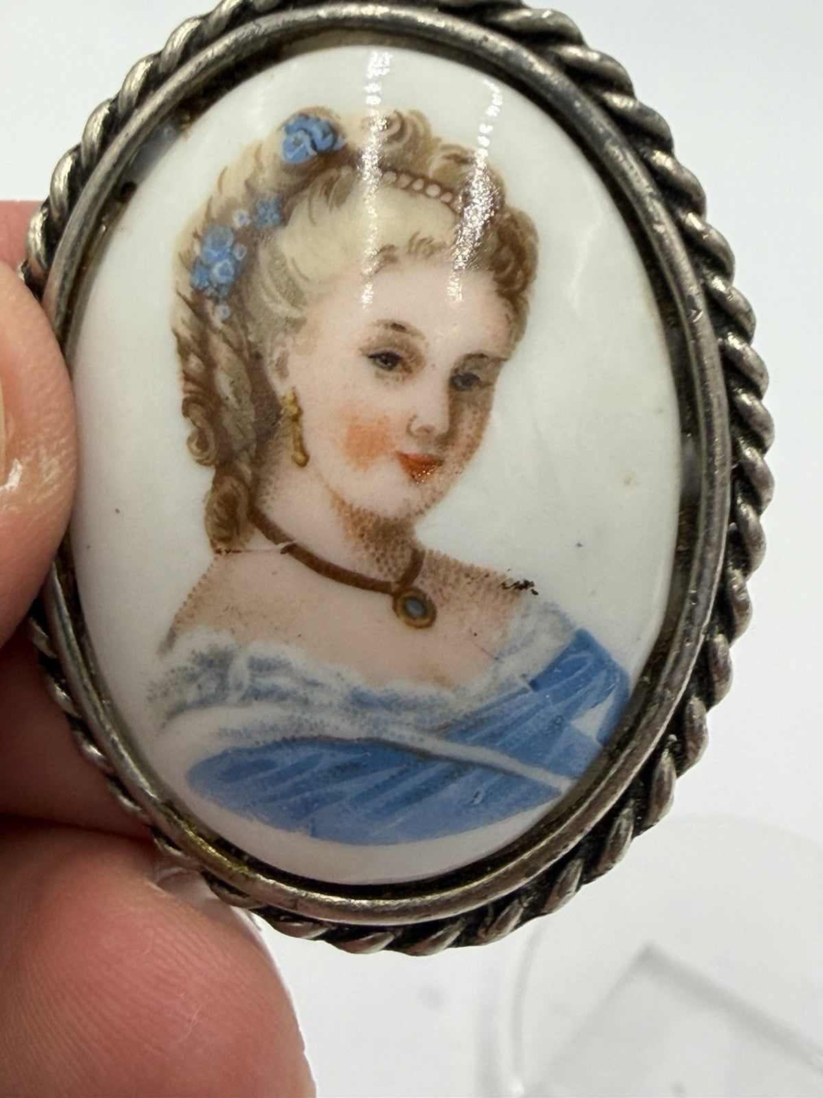 Limoges France Porcelain Portrait Oval Victorian Woman Pendant 2” Cameo