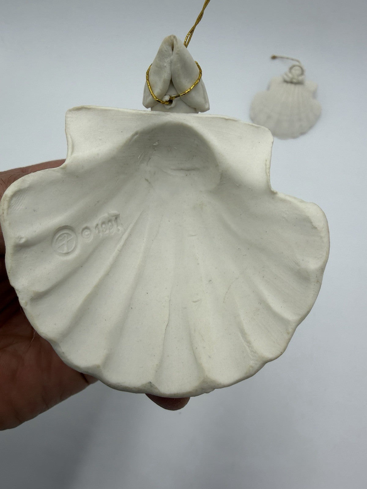 Margaret Furlong White Bisque Shell Angel Porcelain W/ Gift & Holly Ornaments 2