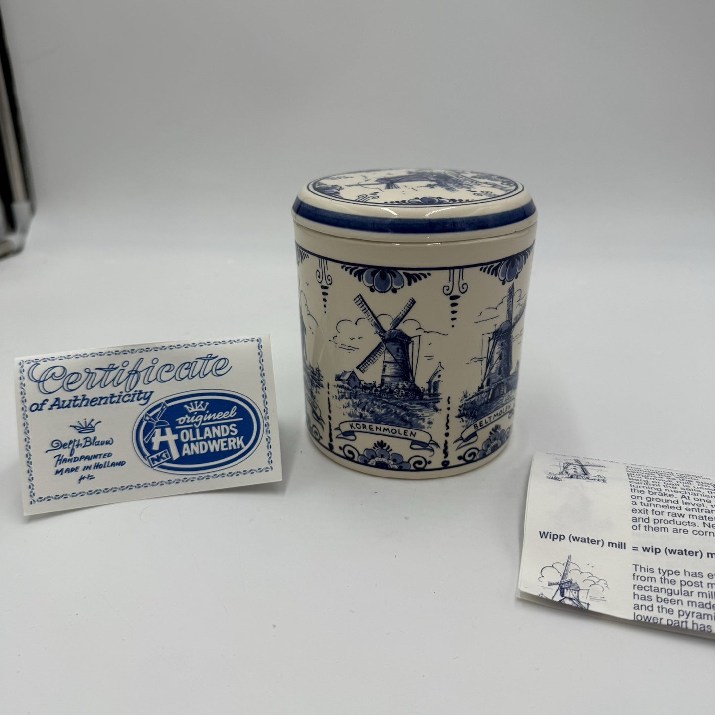 Vintage Delft Blue Windmill Storage Canister Hand Painted Dutch COA Paperwork
